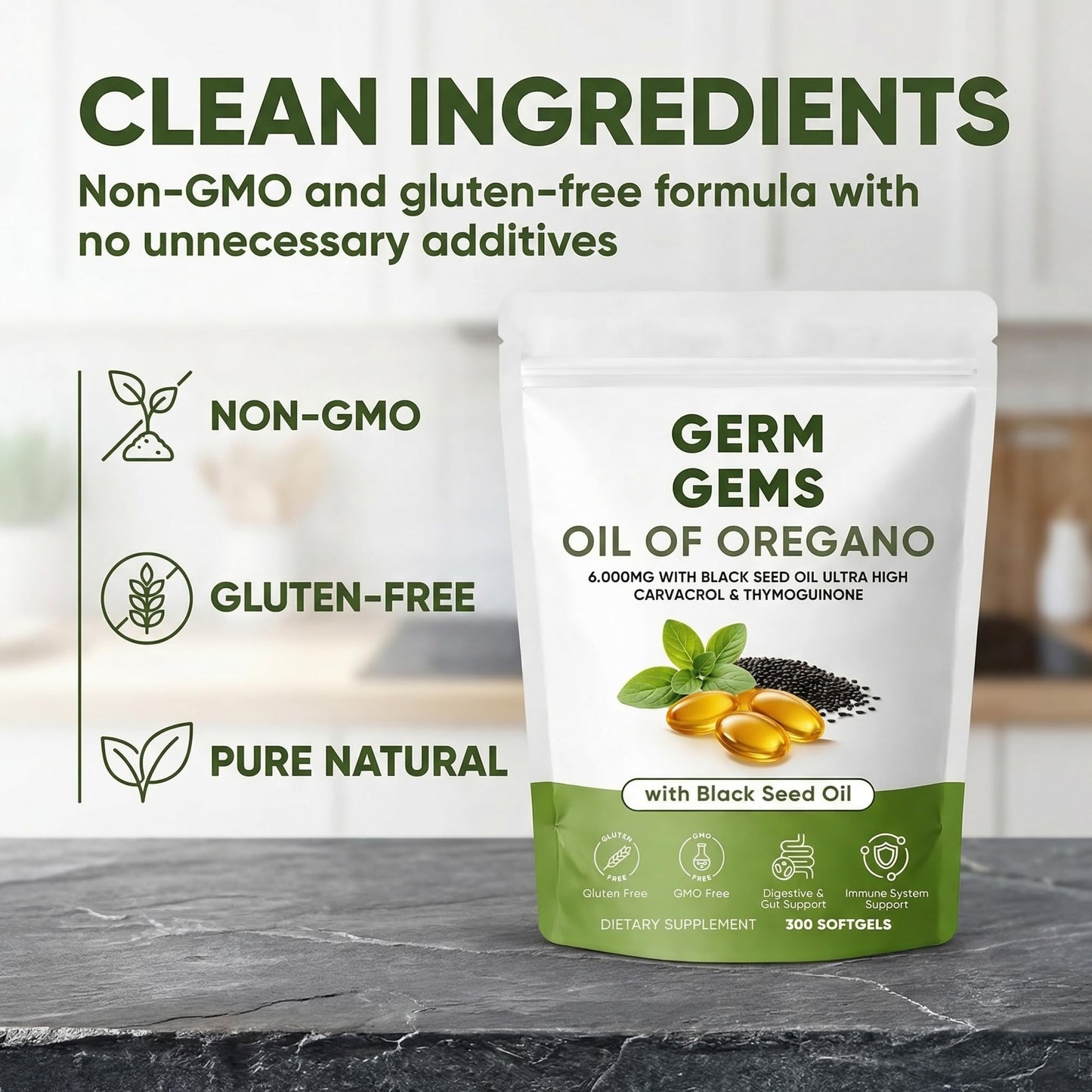 Jqewlg Germ Gems Oil of Oregano Softgels 300 Softgels