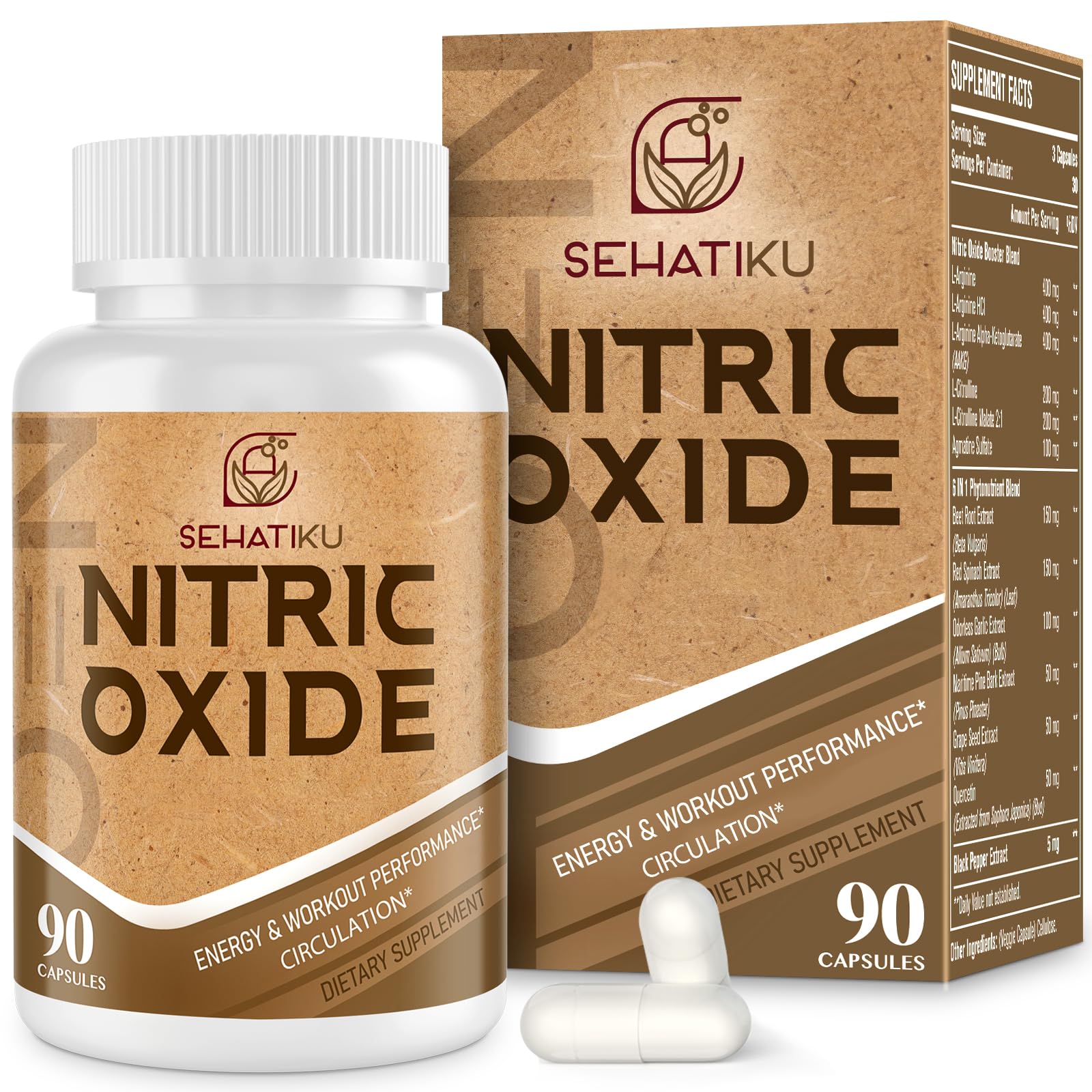 SehatiKu Nitric Oxide Supplement, Nitric Oxide Booster & 6-in-1 Phytonutrient Blend for Heart, Flow, Immune, 90 Capsules