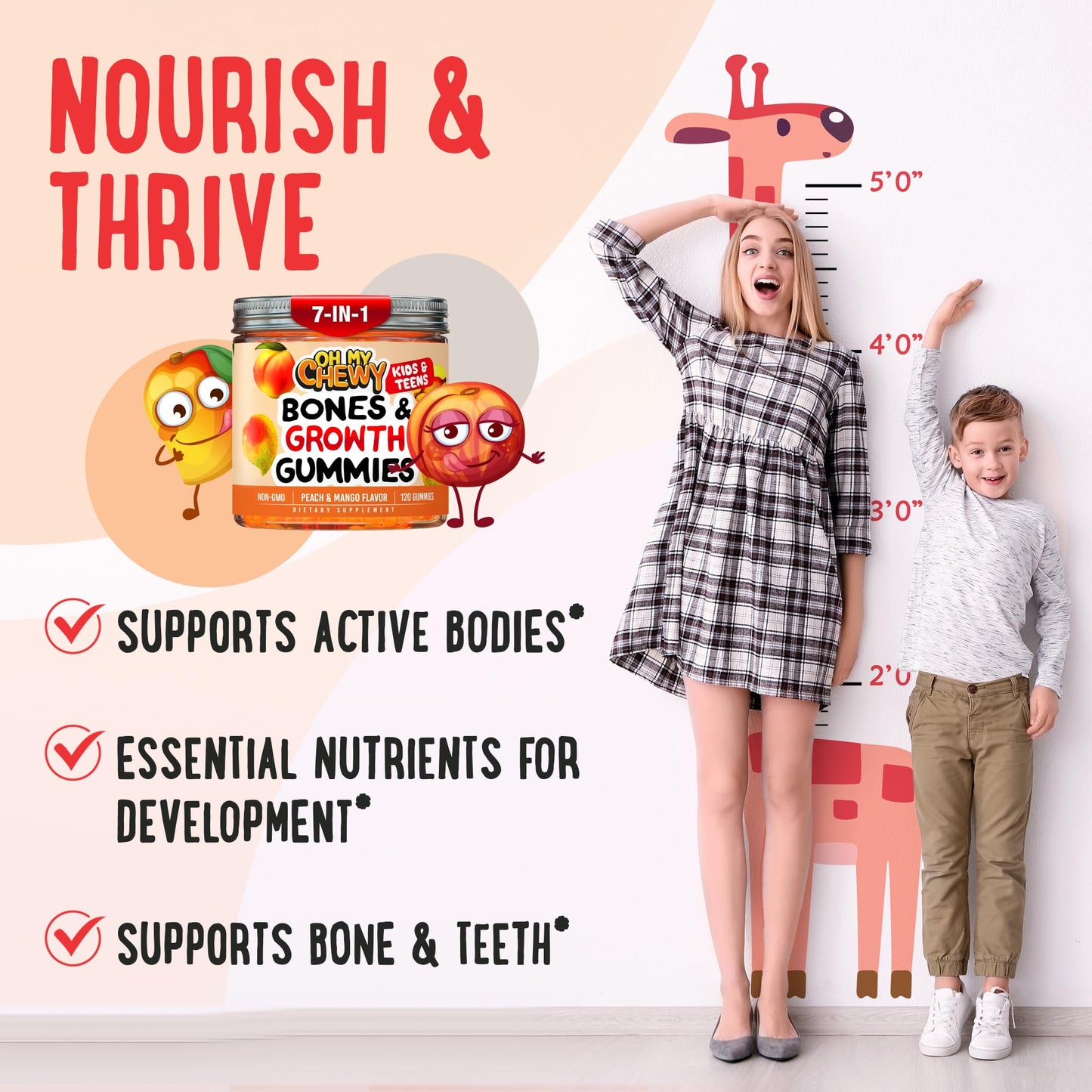 OH MY CHEWY Height Growth Vitamin Gummies for Kids & Teens, 60 Count
