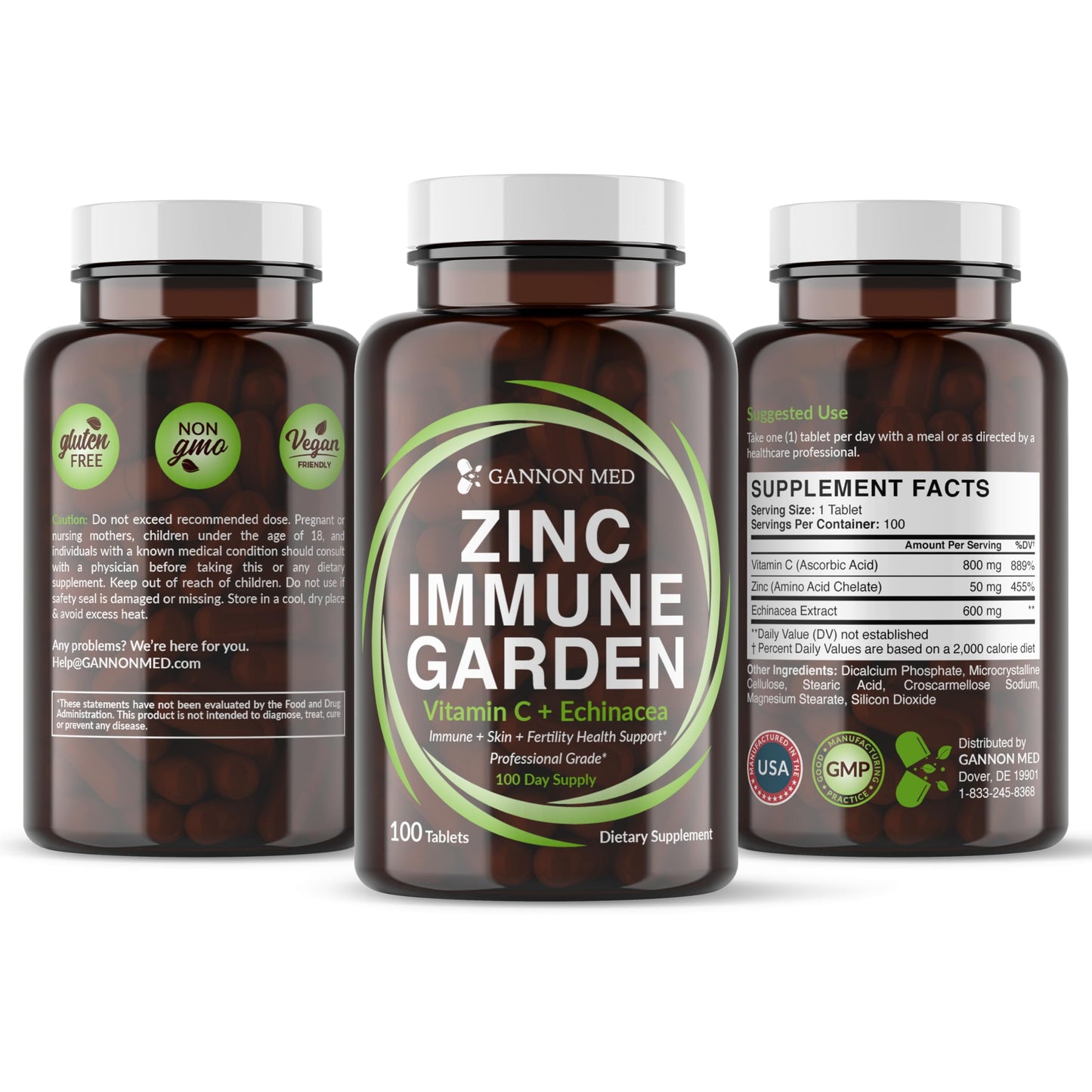 GANNON MED Chelated Zinc 50mg Capsules with Vitamin C 800mg and Echinacea 600mg, Immune Garden, 100 Count