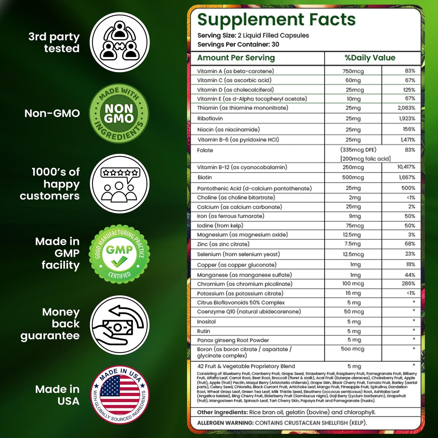 AAMATEC LIFE Multivitamins/Minerals Capsules with Zinc and Premium 42 Fruits and Veggies Blend for Immune Support Daily Multivitamin Antioxidant Supplement for Immunity System, 60 Count