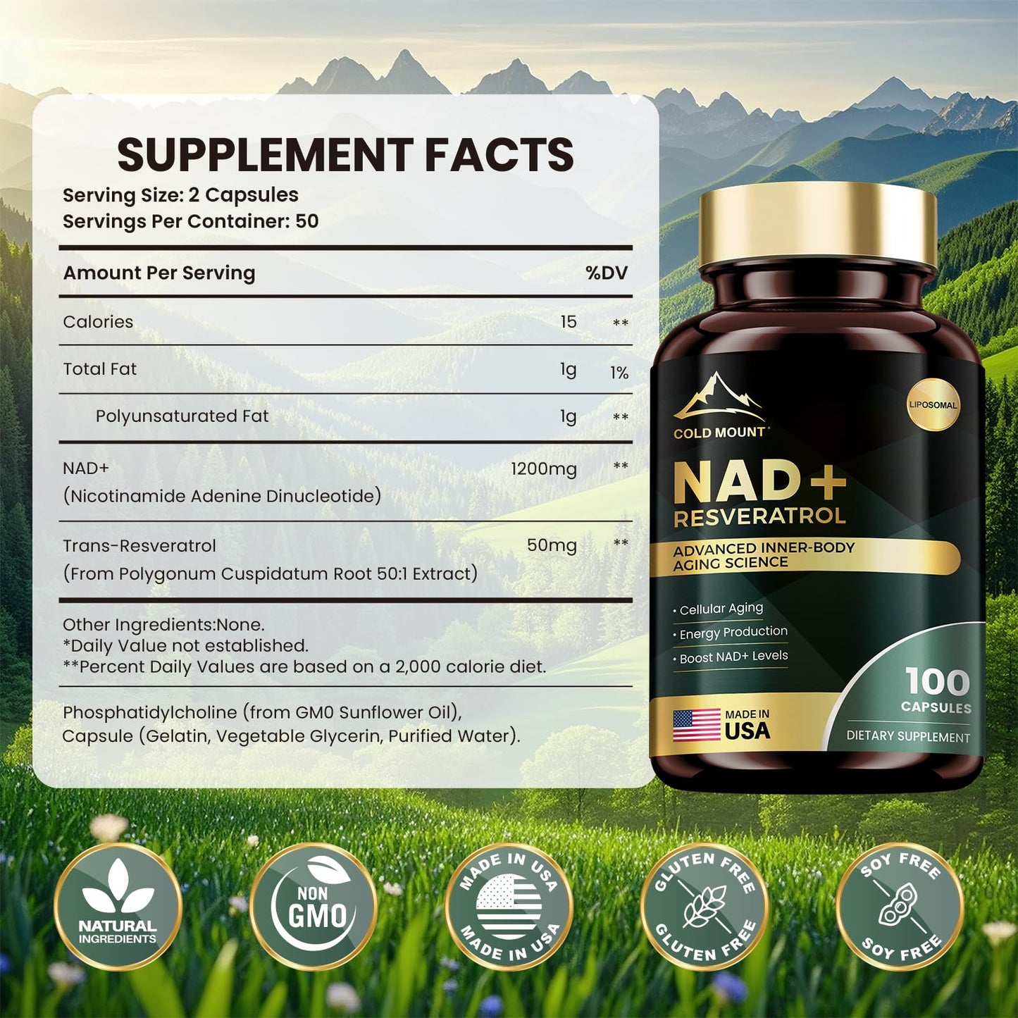 MEGNETA Liposomal NAD+ Supplement 1200mg with Trans Resveratrol Capsules, 100 Capsules
