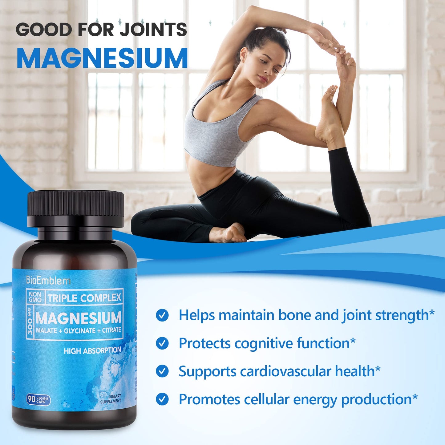 BioEmblem High Absorption Triple Magnesium Complex 300mg Magnesium Glycinate for Nerves, Malate for Energy, Magnesium Supplement to Support Muscle Health, Vegan, Non-GMO, 180 Capsules