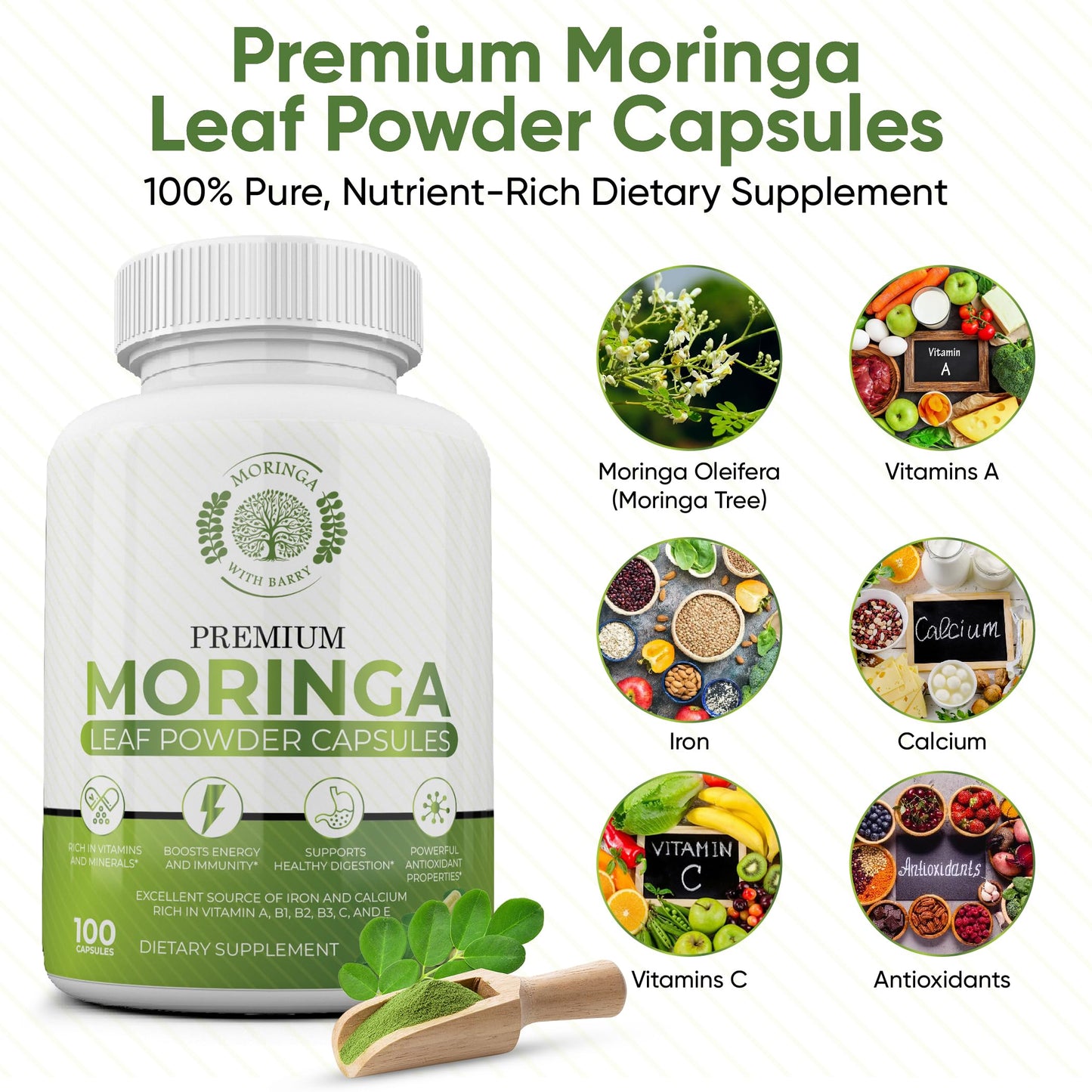 Moringa with Barry Moringa Capsules – 100% Pure Moringa Powder, Vegan Superfood Supplement for Energy, Immunity, Digestion & Vitality – Non-GMO, Gluten-Free – 100 Capsules