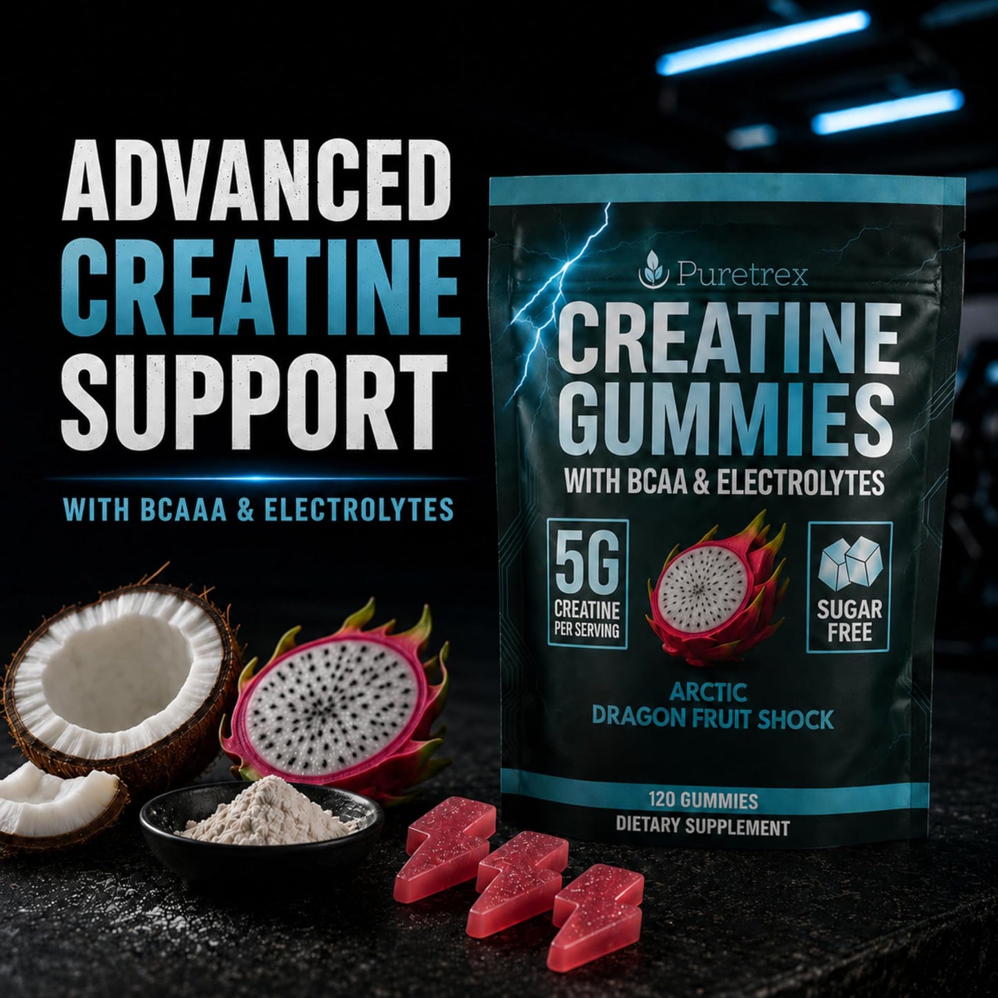 PURETREX Creatine Gummies with BCAA and Electrolytes 5g Creatine Monohydrate per Serving Arctic Dragon Fruit Flavor Vegan Sugar Free, 120 Count