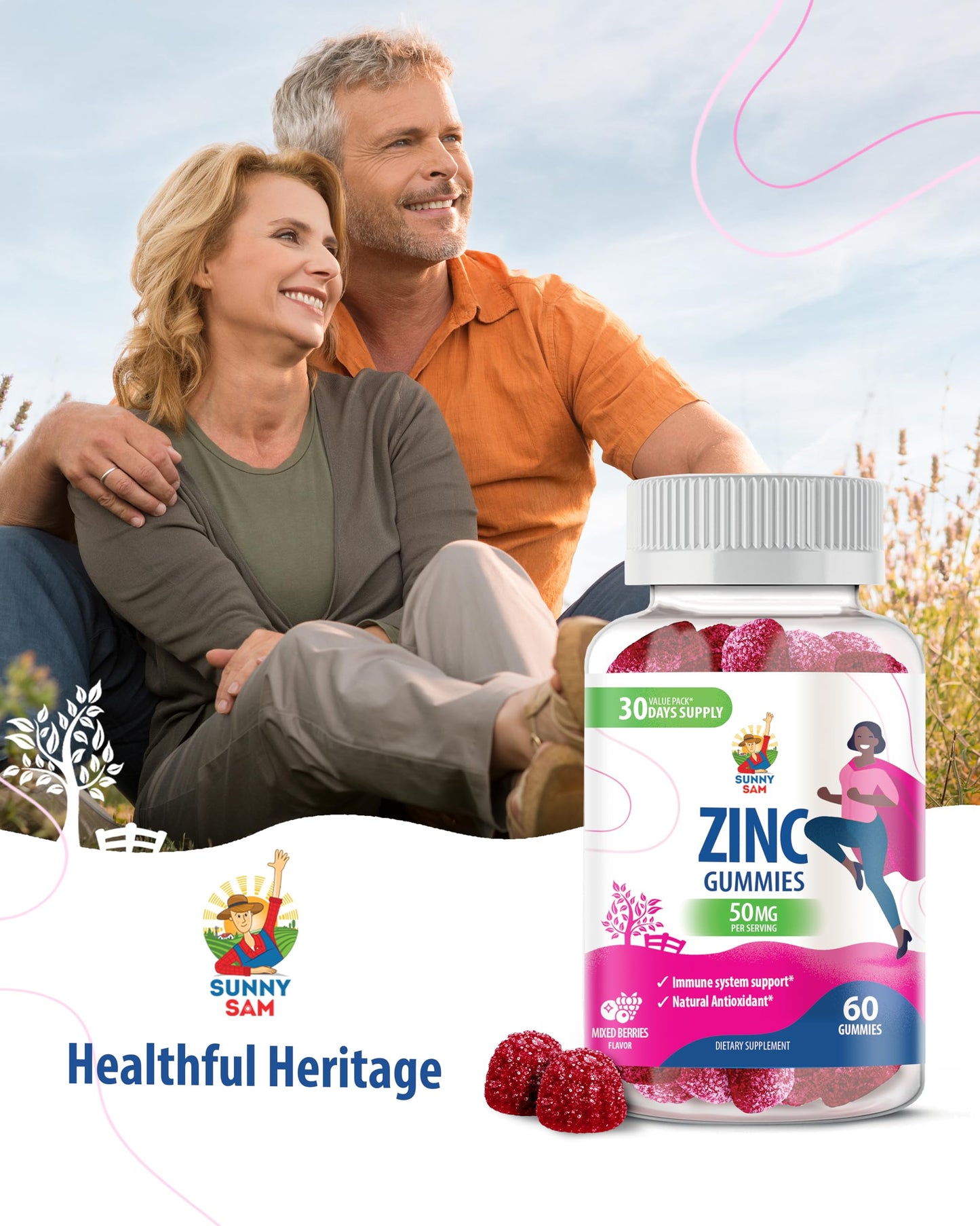 SUNNY SAM Zinc Gummies for Adults – Immune Support, Non-GMO, 120 Count