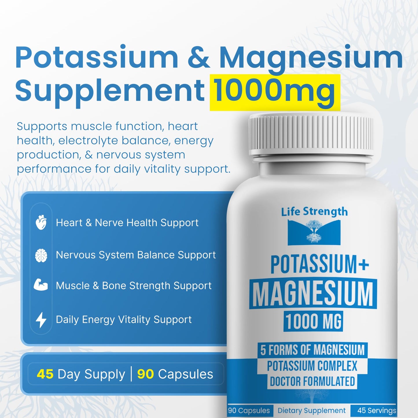 LifeStrength Potassium Magnesium Supplement 1000mg Capsule, 90 Count
