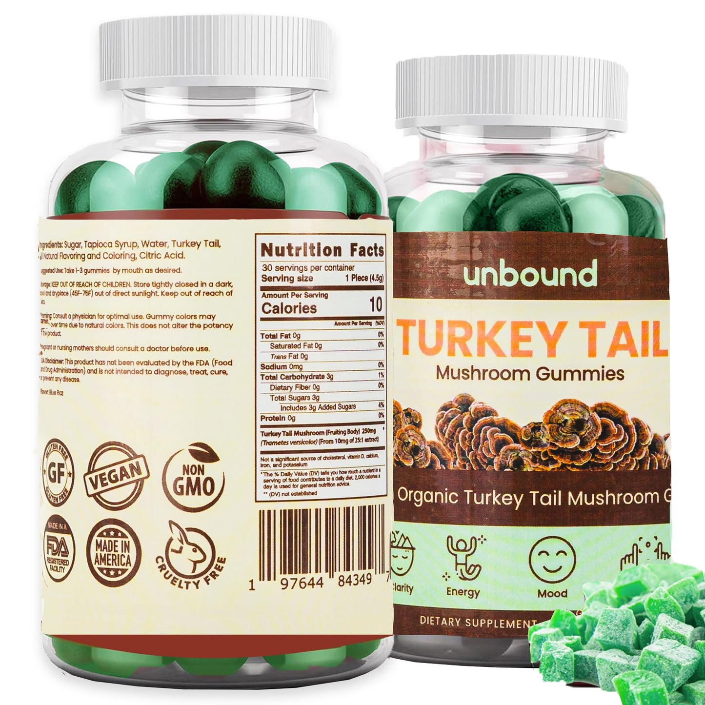 Unbound Mushroom Gummies Premium Organic Turkey Tail Mushroom, 60 Gummies