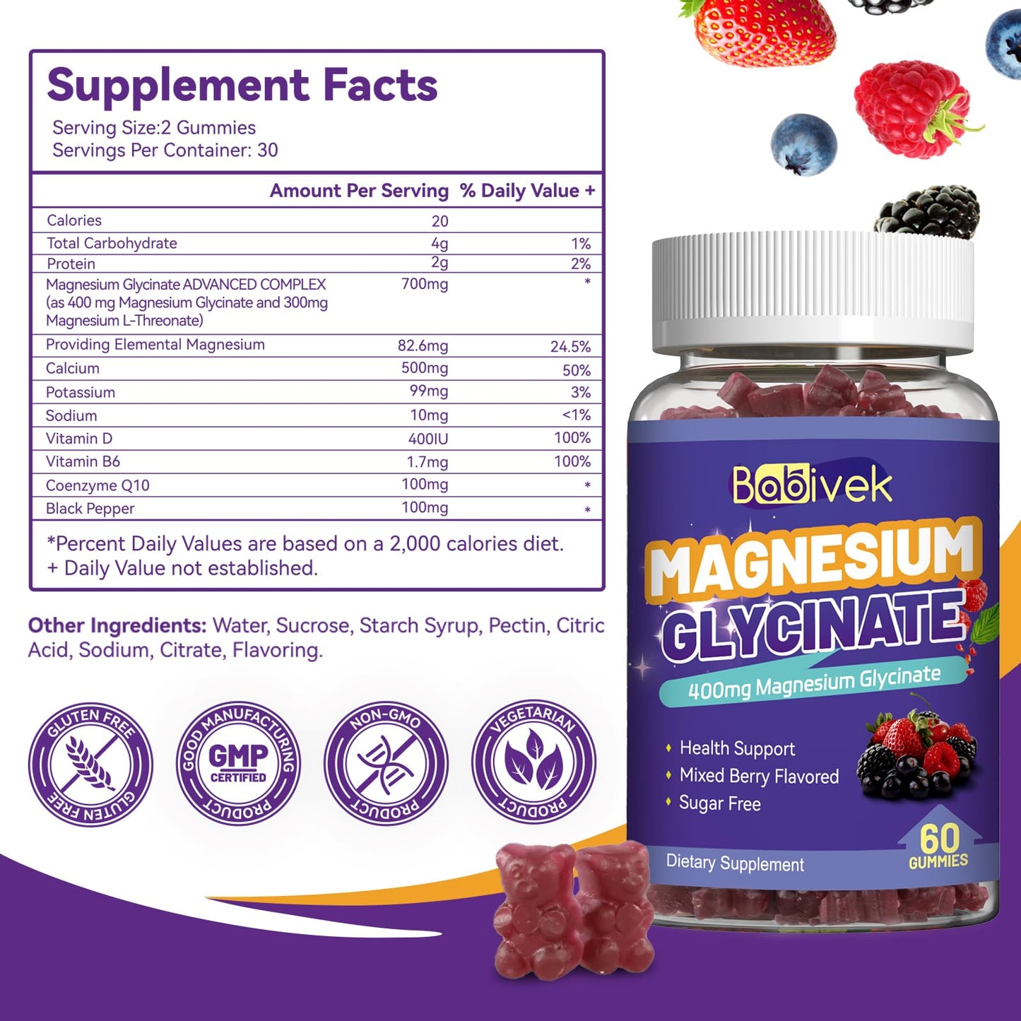 Babivek Magnesium Glycinate Gummies 400mg with L-Threonine 300mg, Vitamin D & B6, Sugar Free, Mixed Berry Flavor, Vegan, Non-GMO, Gluten Free, 120 Gummies