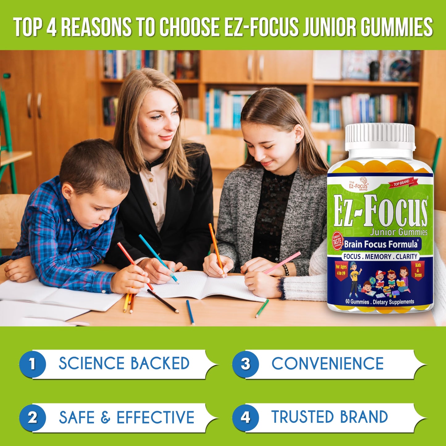 Ez-Focus Junior Brain Vitamins & Memory Supplements for Kids & Teens Gummy, 60 Count