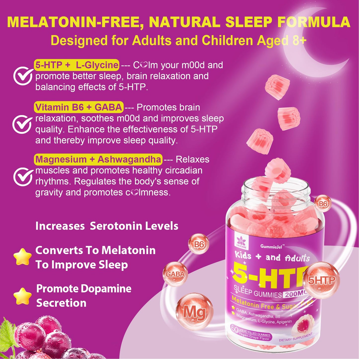 LILICARE 5HTP Gummies & Collagen Peptides Soft Chews 3000mg, 120 Count