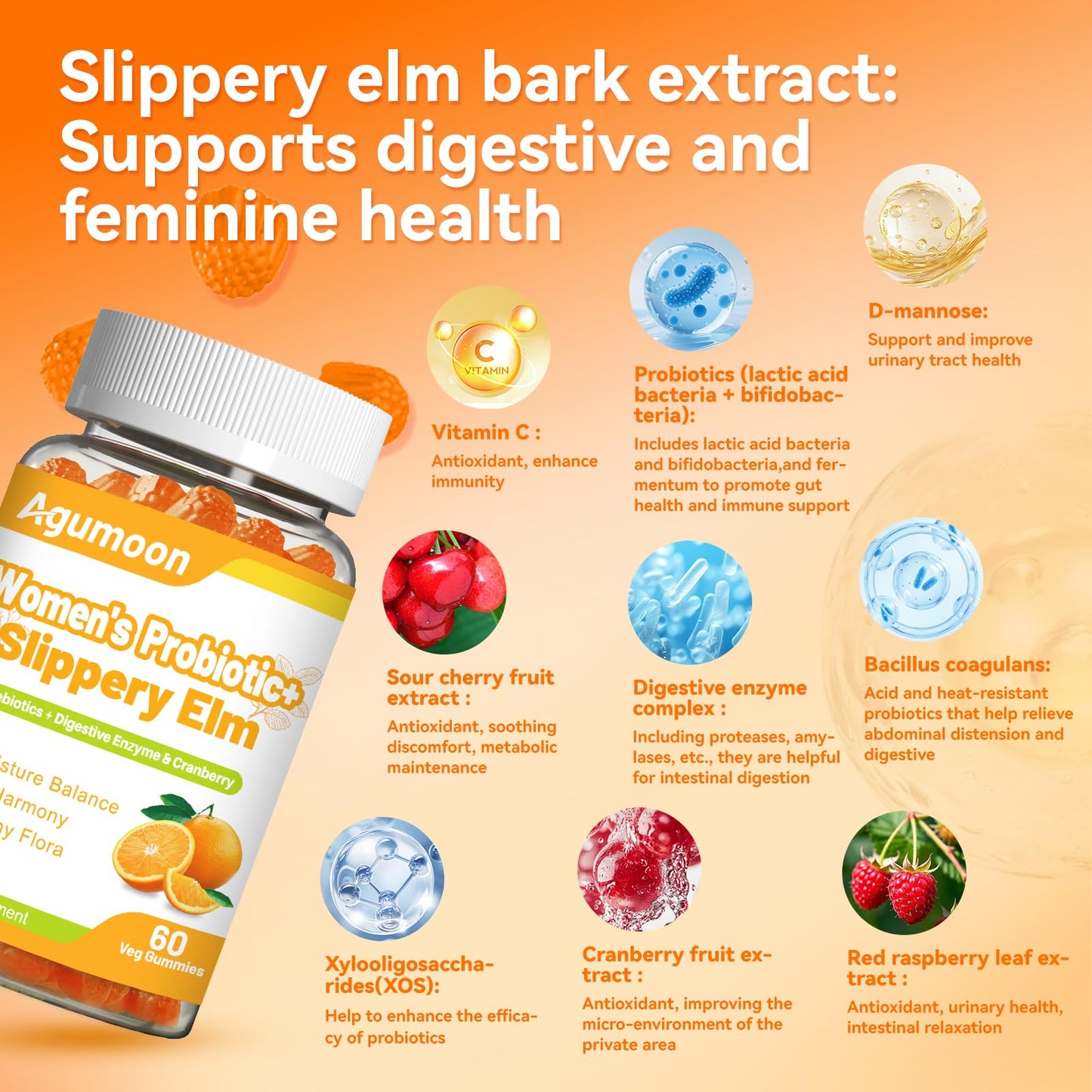 Agumoon Probiotic Gummies with Cranberry, Slippery Elm for Women, 60 Count