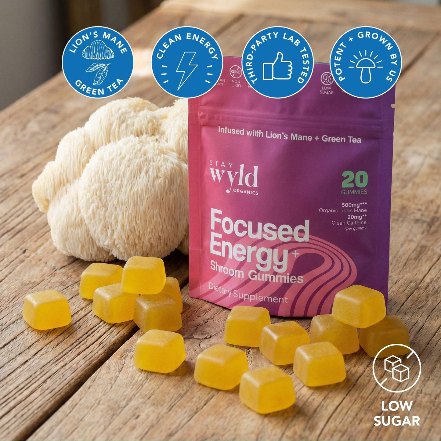 Stay Wyld Organics Focused Energy+ Mushroom Gummies with Lion's Mane & Green Tea, 20 Gummies