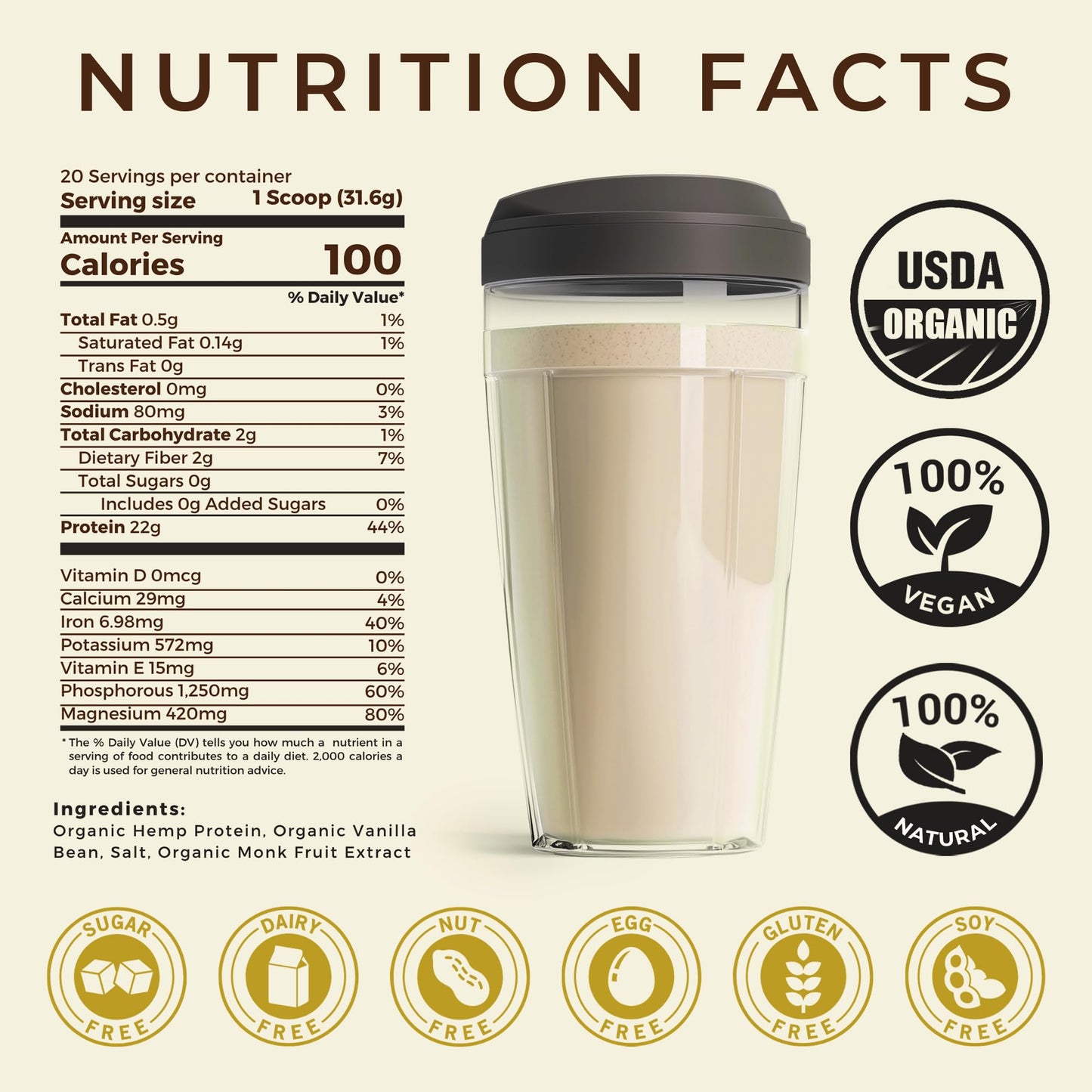 TUPAXA Hemp Protein Powder Vanilla Bean - USDA Organic, Plant-Based, Vegan, Gluten Free, Keto - 22 Servings