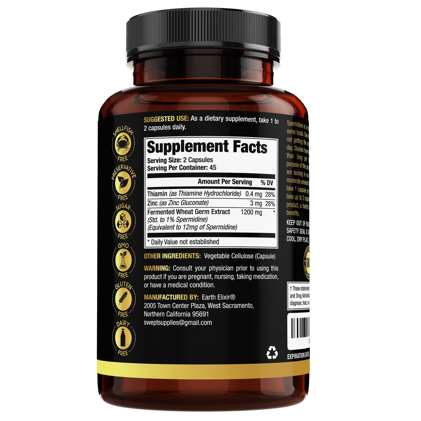 Earth Elixir Spermidine Supplements 1200mg Capsules 90 Count