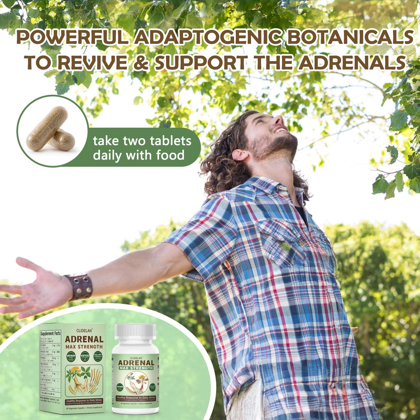 Clidelan Adrenal Support Supplements for Daily Balance Capsules, 60 Capsules