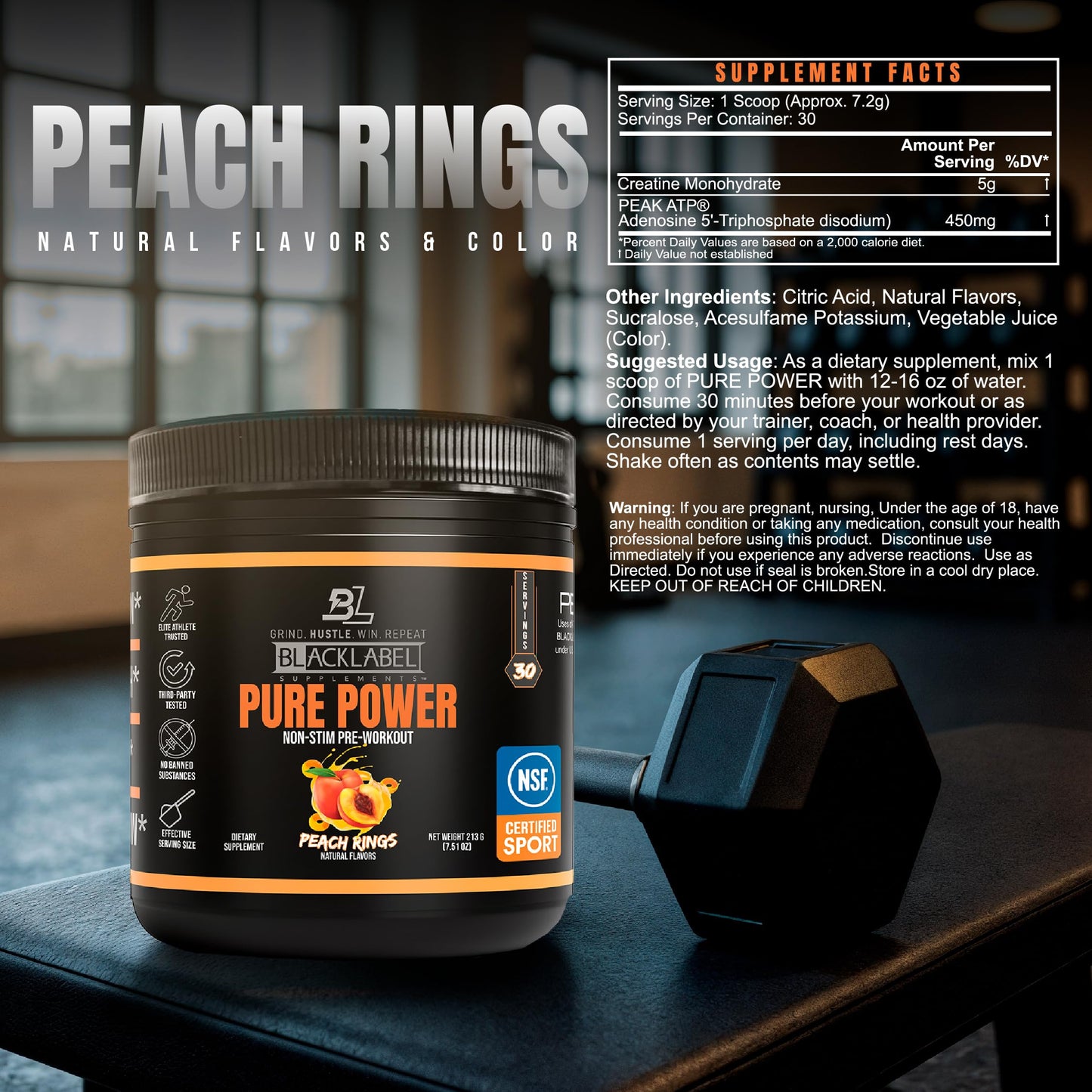 BLACKLABEL Supplements Blacklabel Pure Power NSF Certified for Sport Pre-Workout Peach Rings Powder, 8.22 oz