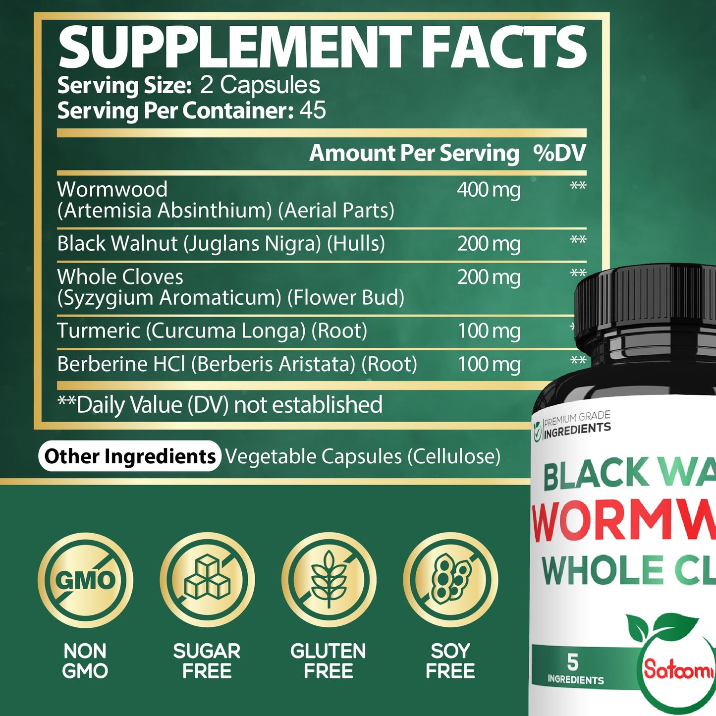 Satoomi 5 in 1 Wormwood Capsules Supplement with Black Walnut, Cloves, Turmeric, and Berberine HCl, 90 Capsules