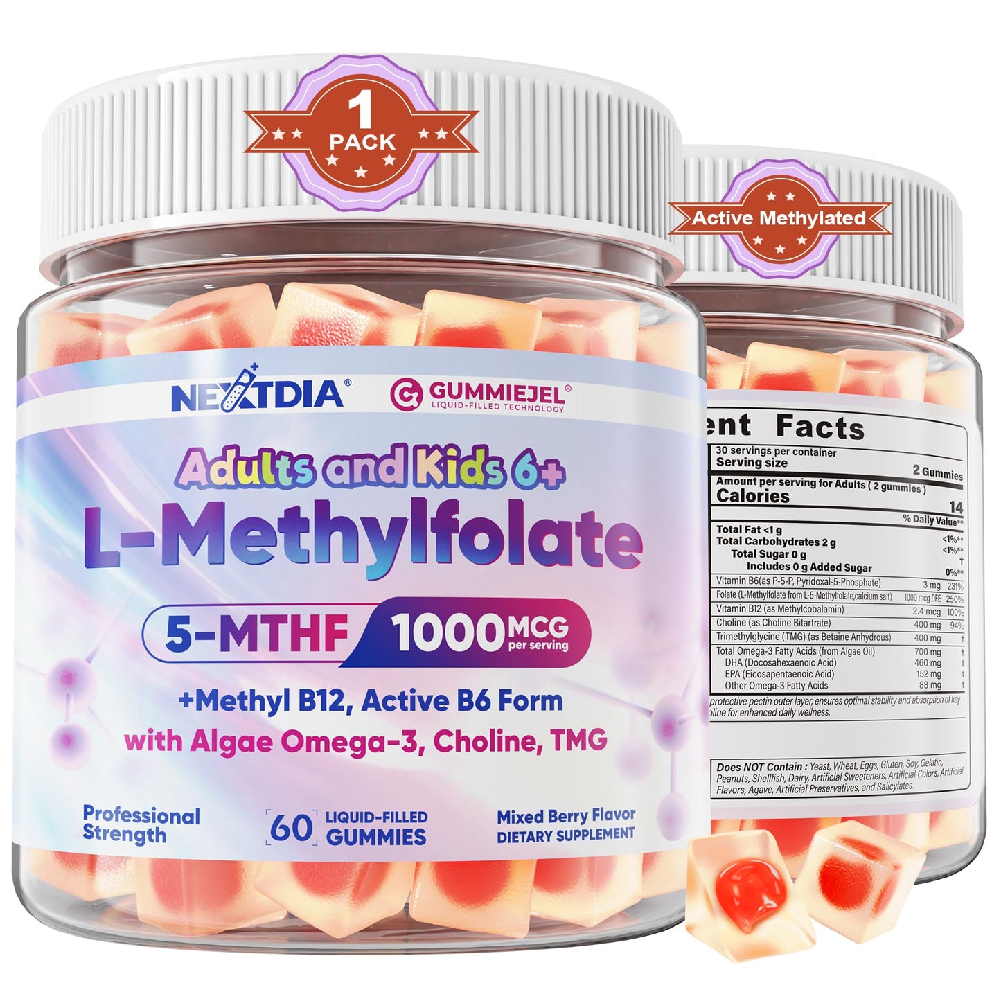Nextdia L-Methylfolate 1000mcg Methyl B12 + Omega-3 for Kids & Adults, 60 Gummies