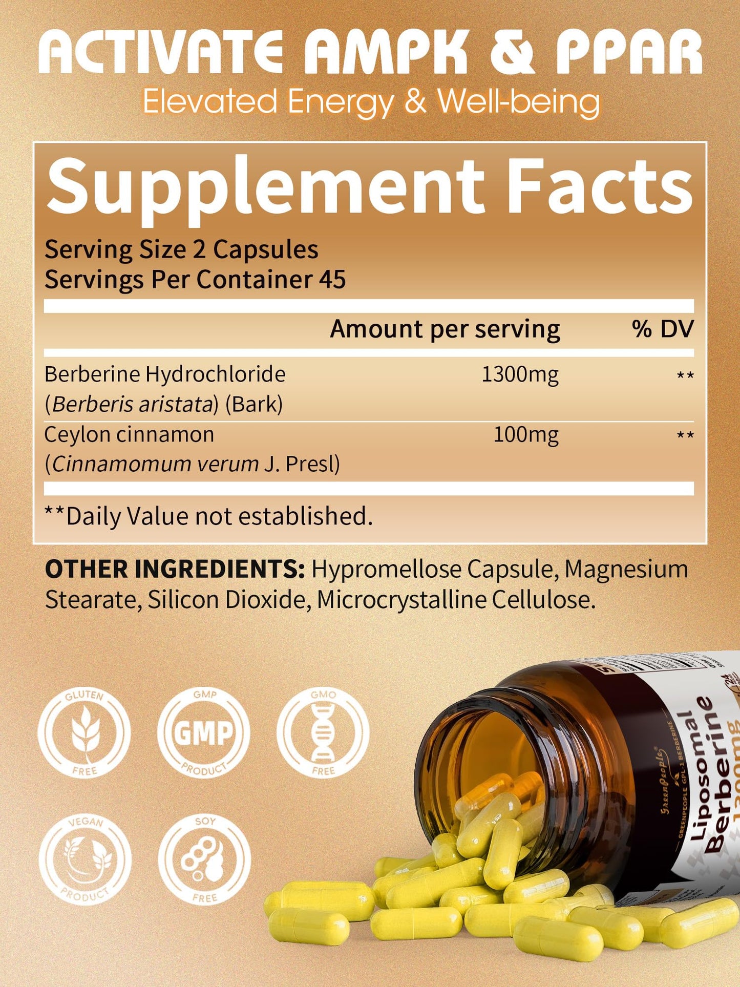 GREENPEOPLE Liposomal Berberine HCl 1300mg with Ceylon Cinnamon, 90 Capsules