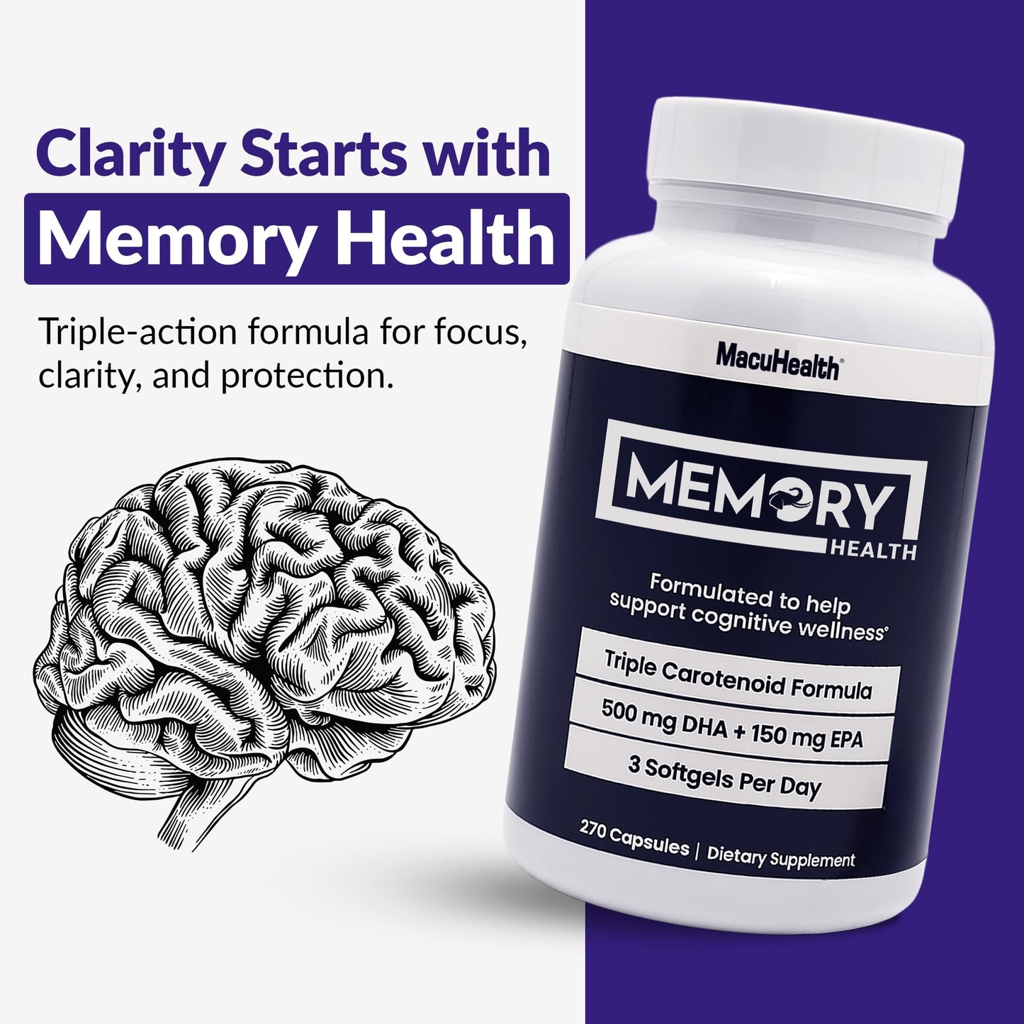 Macuhealth Memory Health Omega 3 - Carotenoids and Vitamin E, for Mental Focus Softgel 270