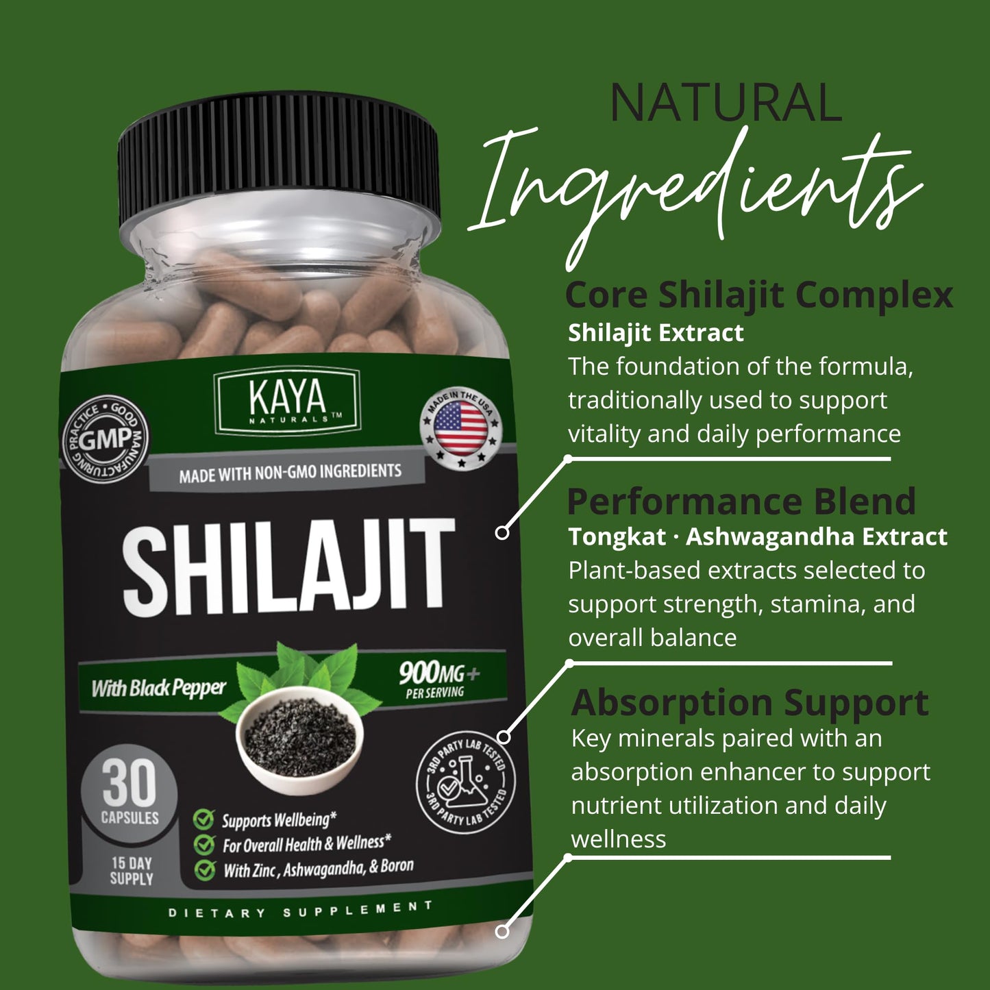 Kaya Naturals Shilajit with Black Pepper 900mg per Serving Capsule 30 Count
