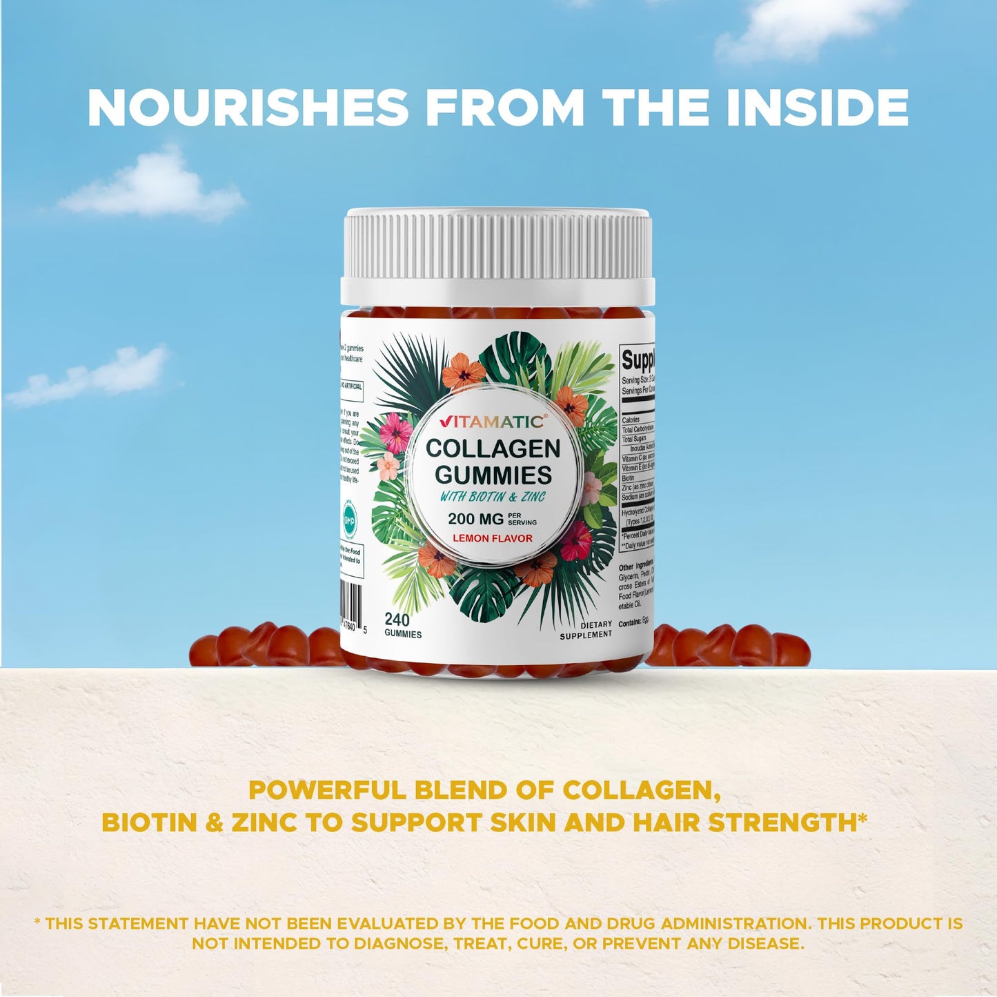 Vitamatic Hydrolyzed Collagen Gummies with Vitamin C, Zinc and Biotin, 200 mg - Healthy Skin Support, 240 Gummies