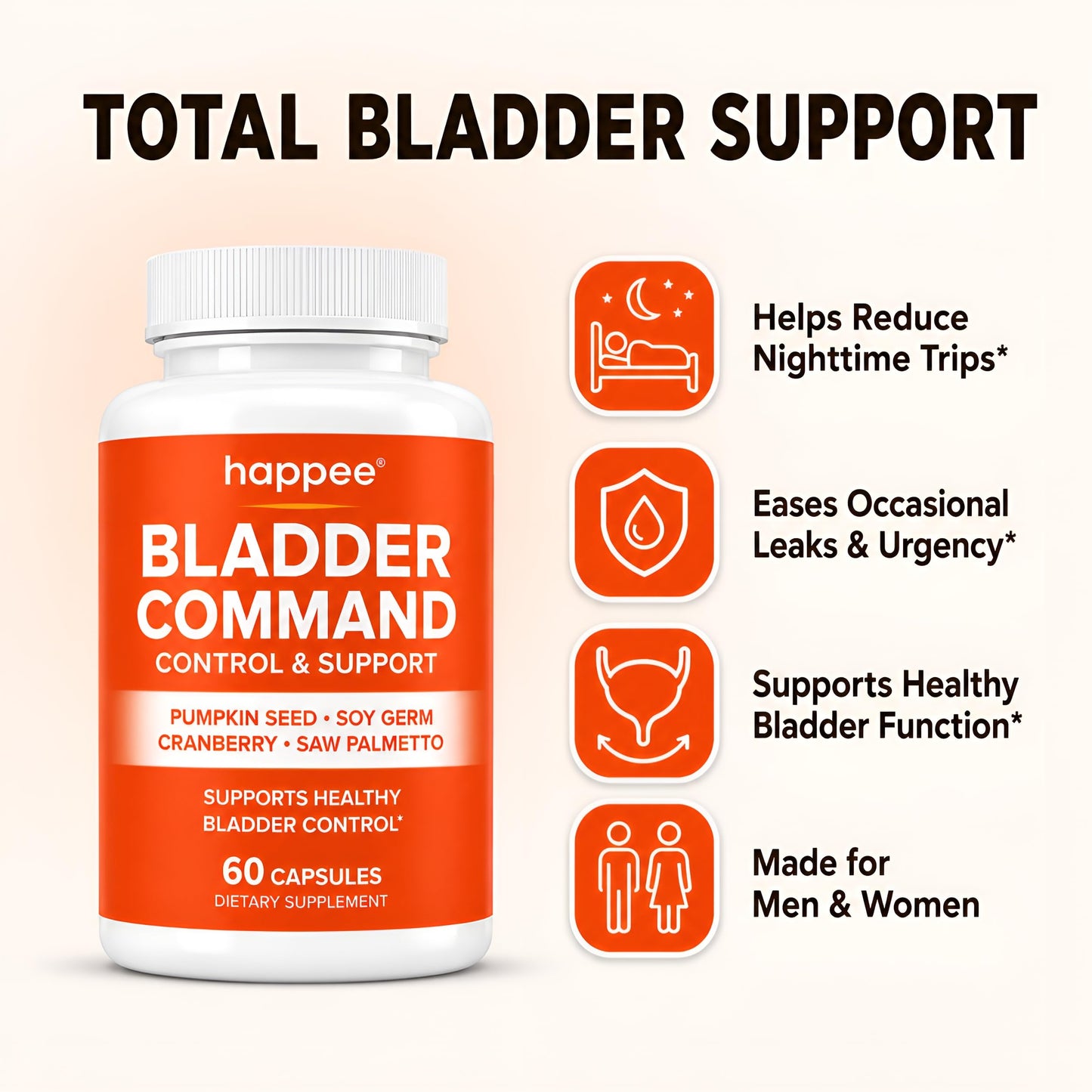 Happee Bladder Control Supplement for Women & Men 1,220mg Urinary Support, 60 Capsules