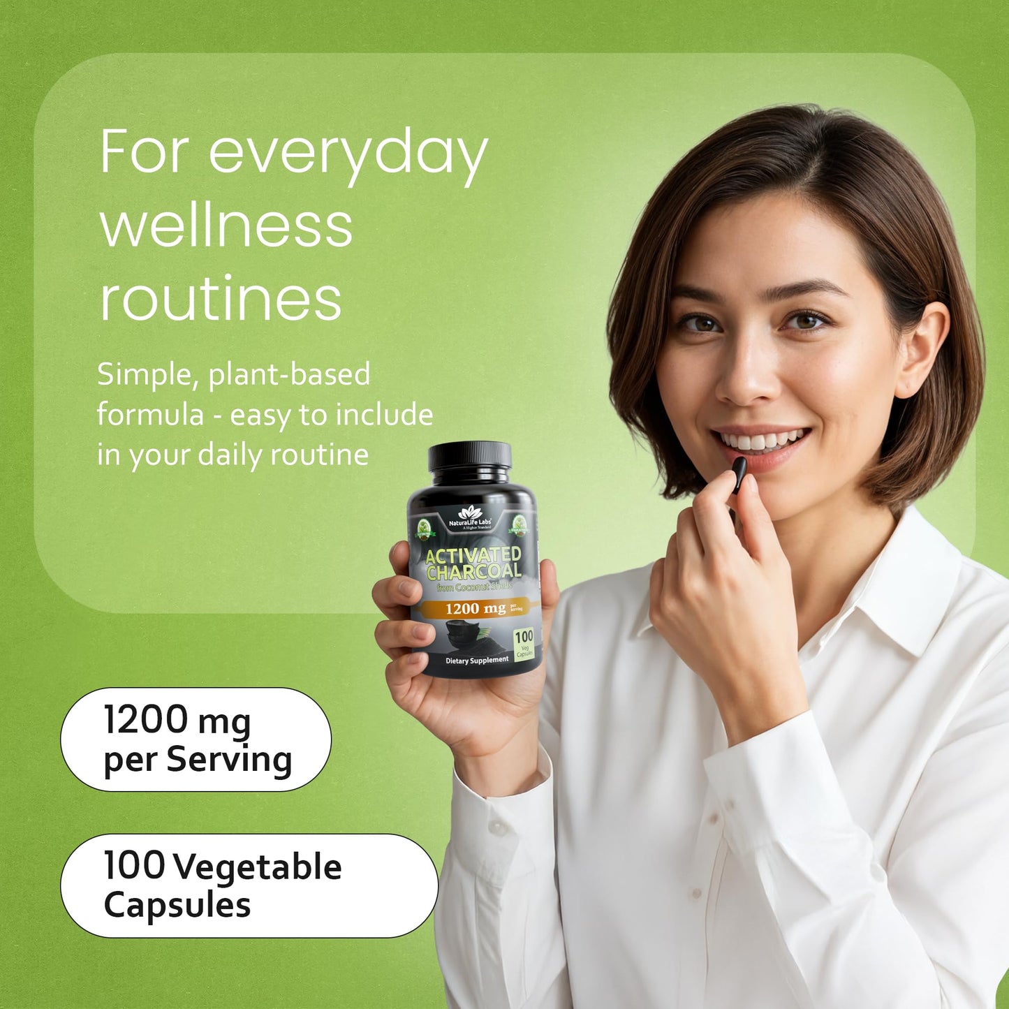 NaturaLife Labs Activated Charcoal 1200 mg per Serving from Coconut Shells, 100 Capsules