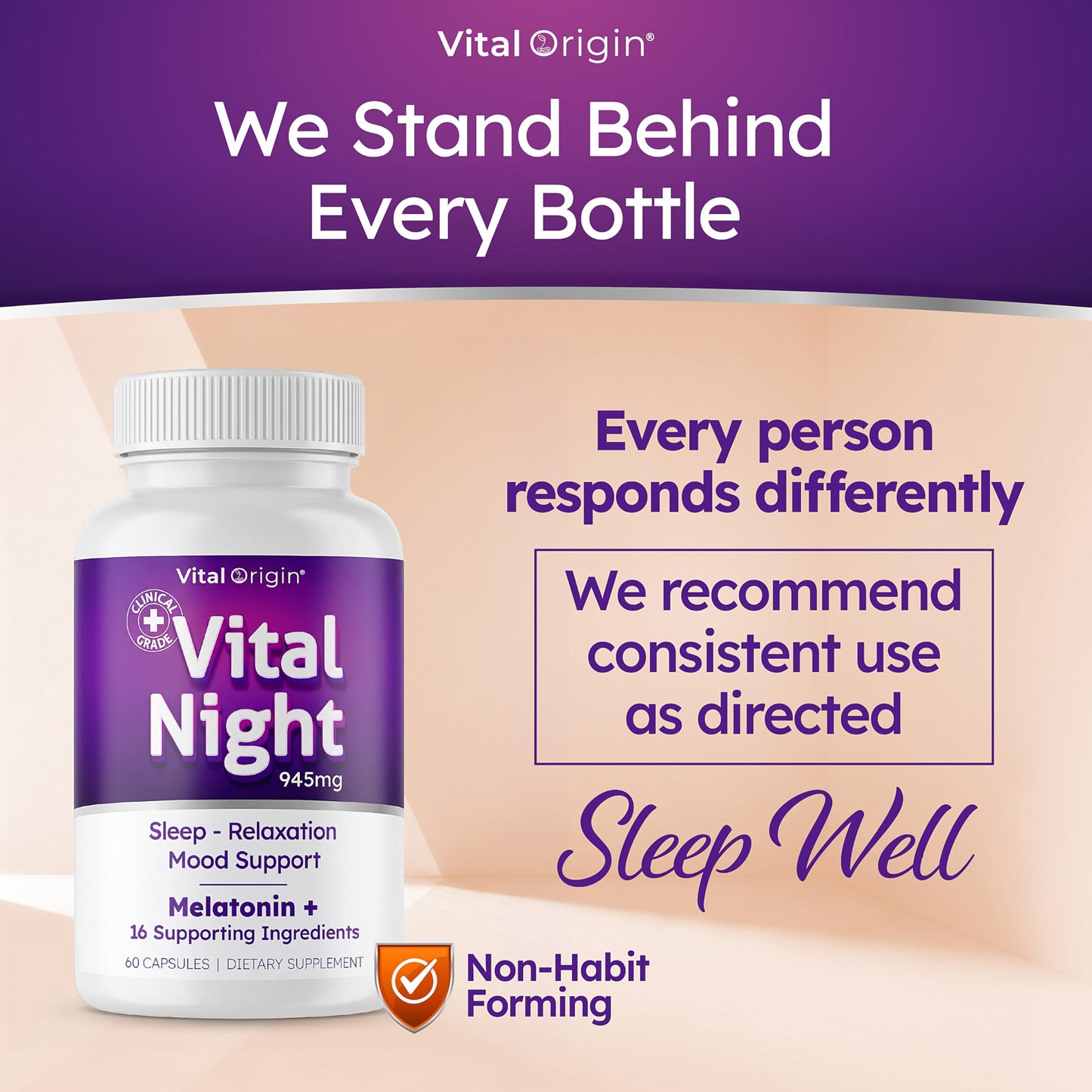 Vital Origin Vital Night Natural Sleep Aid for Adults - Sleep, Relaxation & Mood Support, 60 Capsules