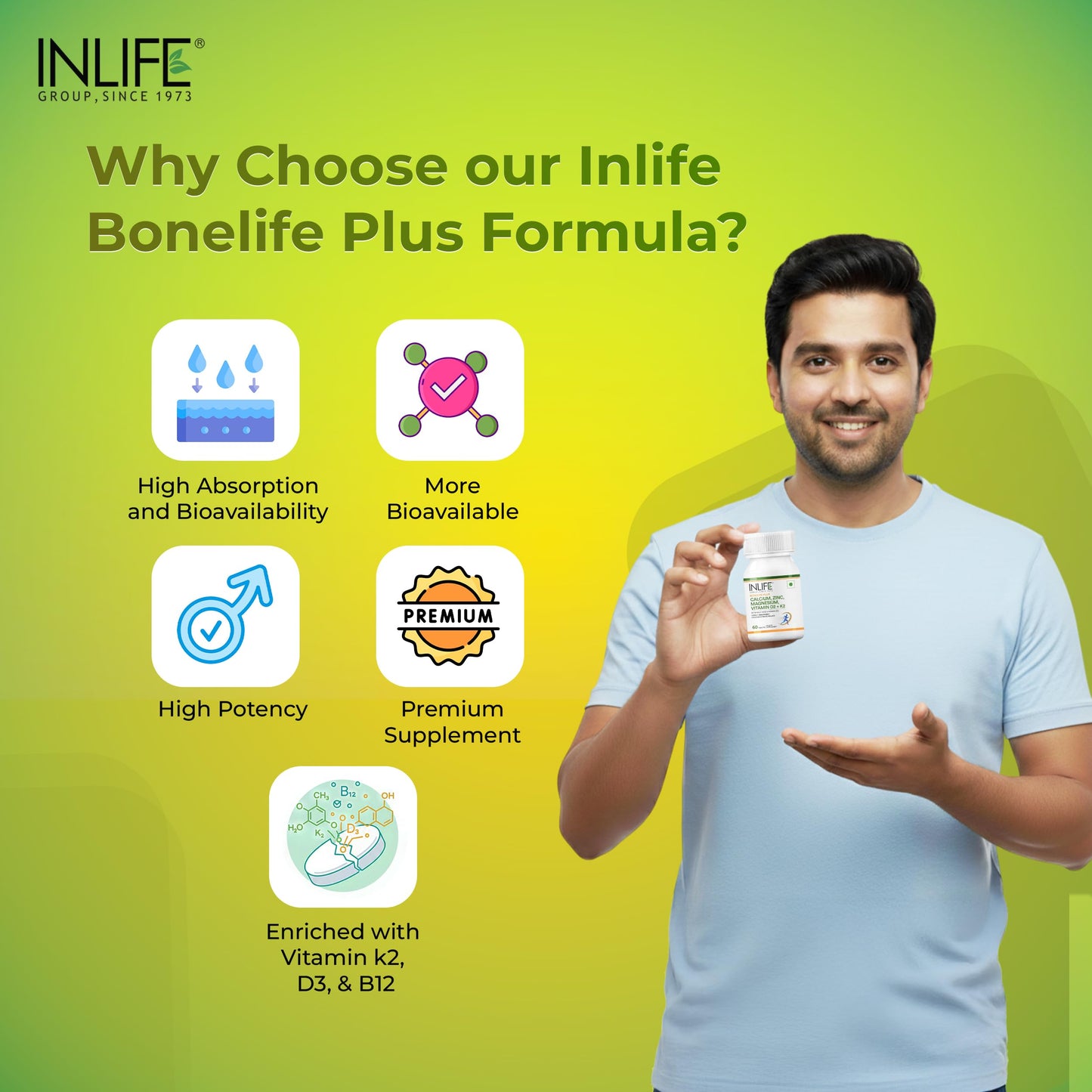 INLIFE Calcium Magnesium Zinc Vitamin D K2 Folic Acid & B12 Vegetarian Tablets, Bone & Joint Support Supplement, 120 Tablets