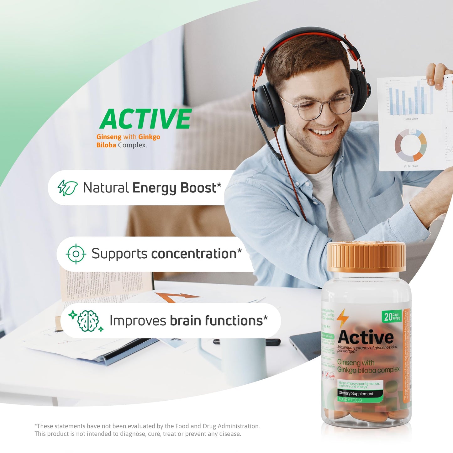 Nutra Nutrition Panax Ginseng & Ginkgo Biloba Energy Memory Focus 60 Capsules