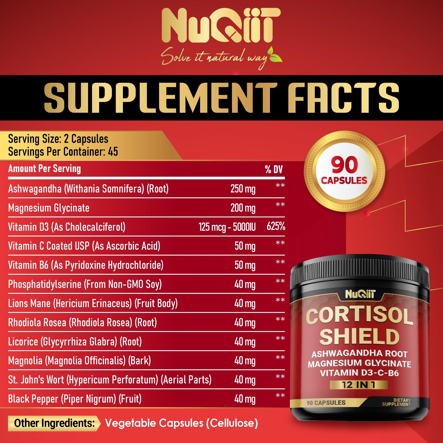NUQIIT 12in1 Cortisol Shield - Ashwagandha and Magnesium & 10 More, 90 Capsules