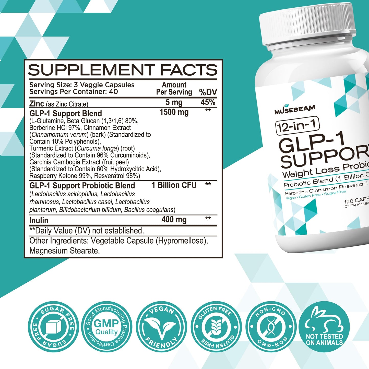 musebeam GLP-1 Support Probiotic Weight Loss Supplement with Berberine Capsule 120 Count