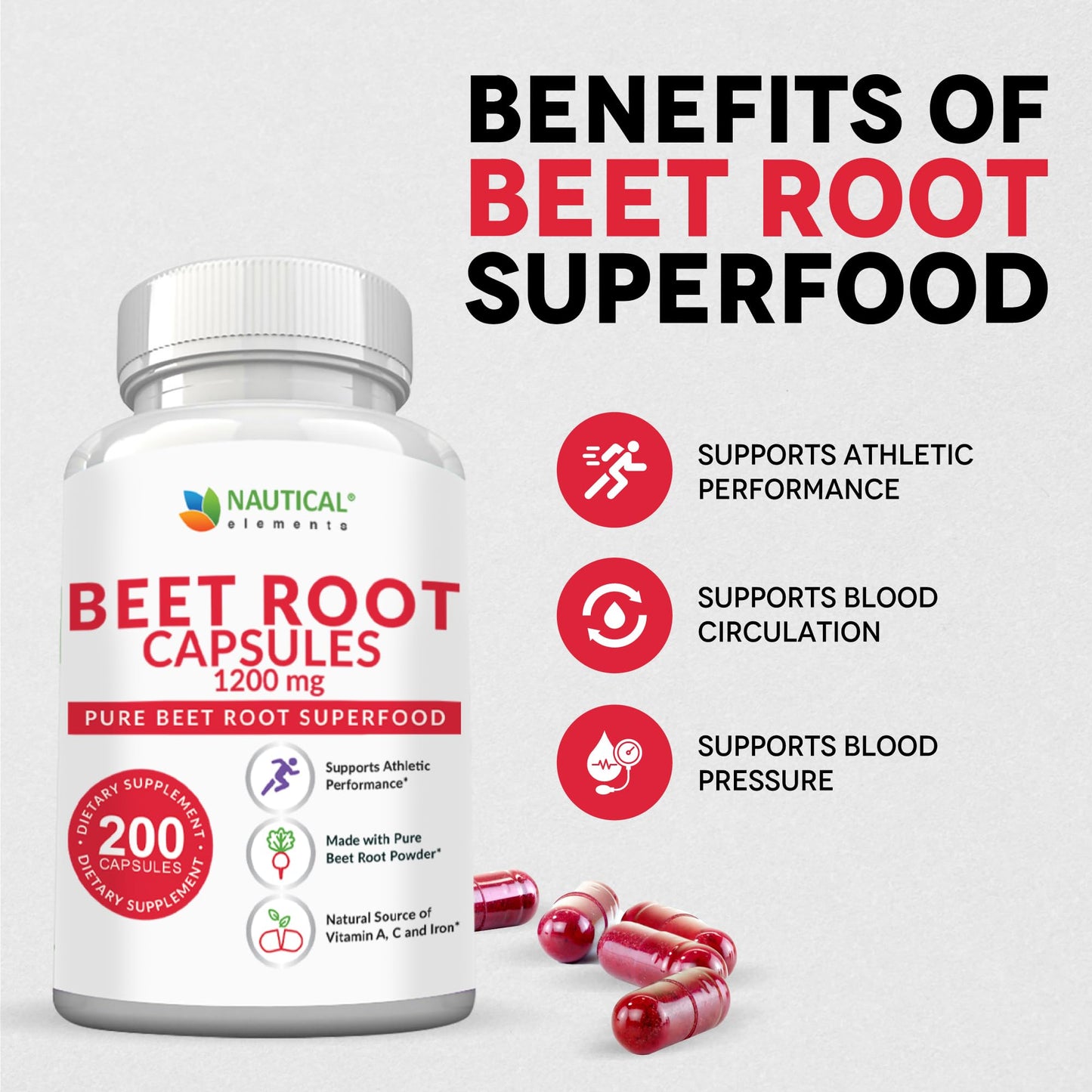 Nautical Elements Beet Root Capsules 1200mg per Serving, 200 Count