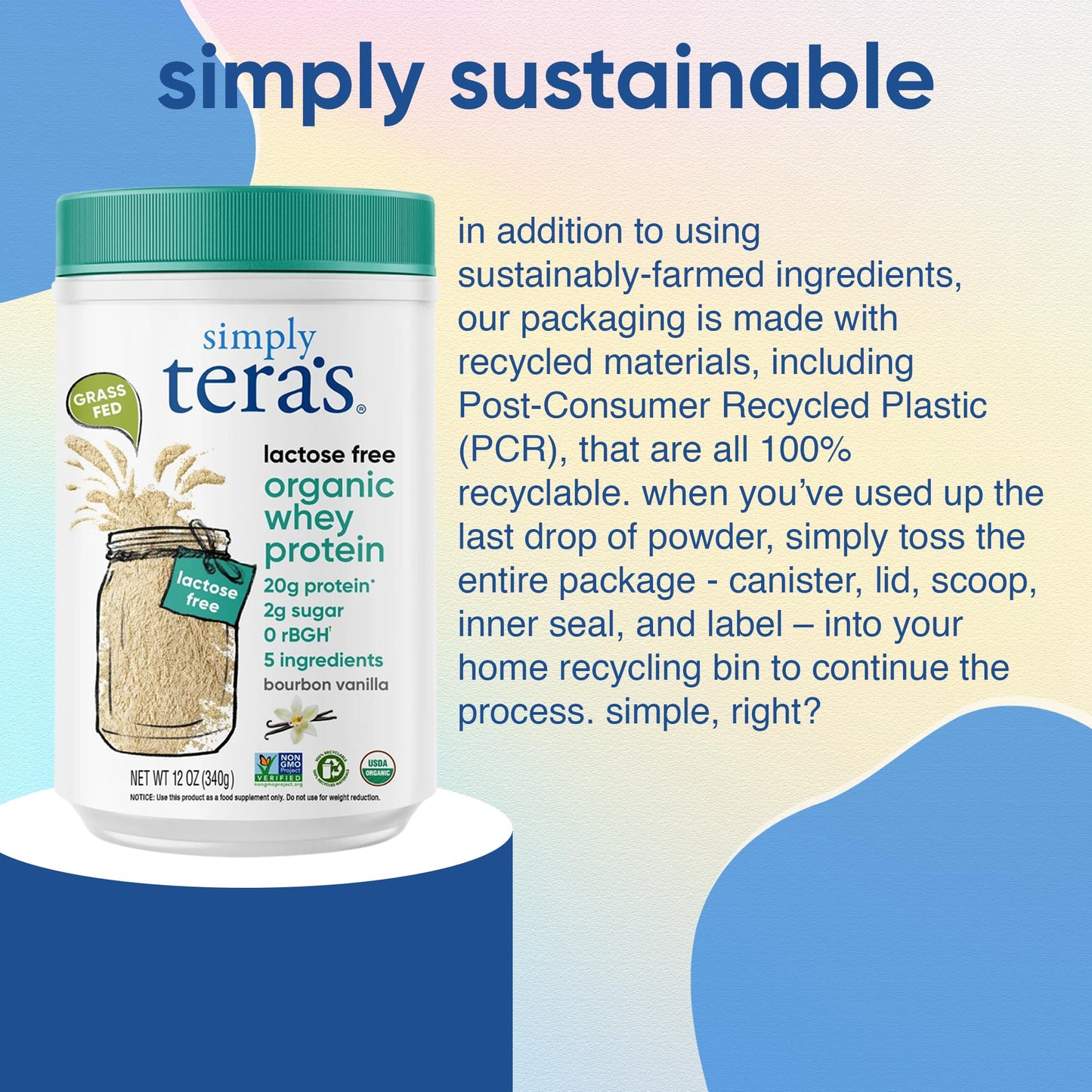 Simply Tera's Lactose Free Organic Whey Protein Powder, Vanilla, 12 oz, Pack of 1