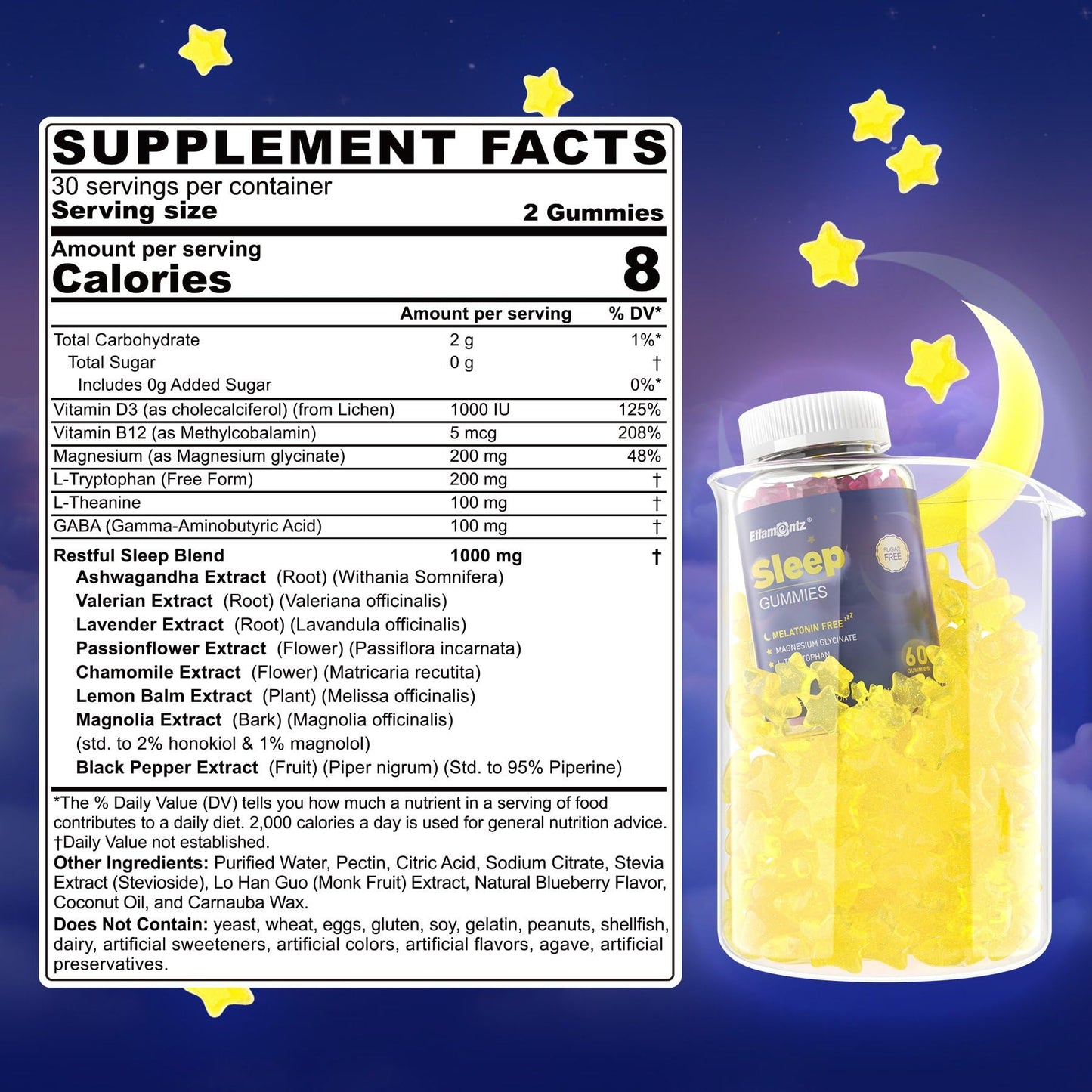ELLAMENTZ Sleep Gummies No Melatonin with Magnesium Glycinate, L-Tryptophan, L-Theanine, GABA, Ashwagandha & Valerian, Sugar Free, 120 Gummies