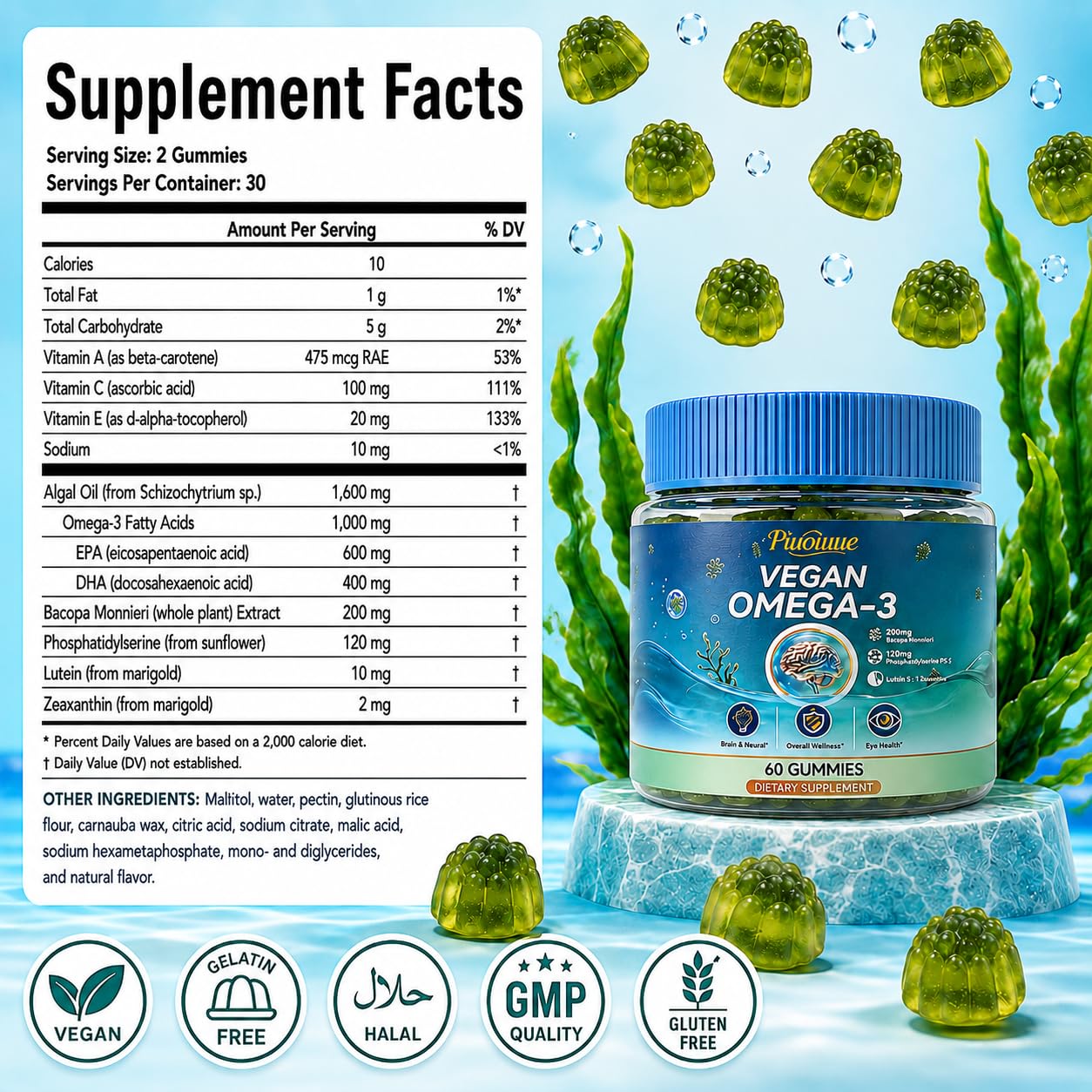 Piuoiuue Vegan Omega-3 Gummies with Algae DHA & EPA, Gummy, 60 Count