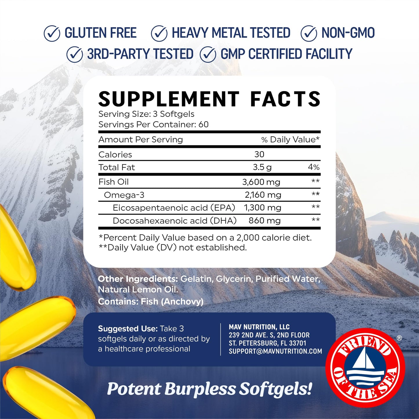 MAV NUTRITION Triple Strength Omega-3 Fish Oil Softgels 180 Count