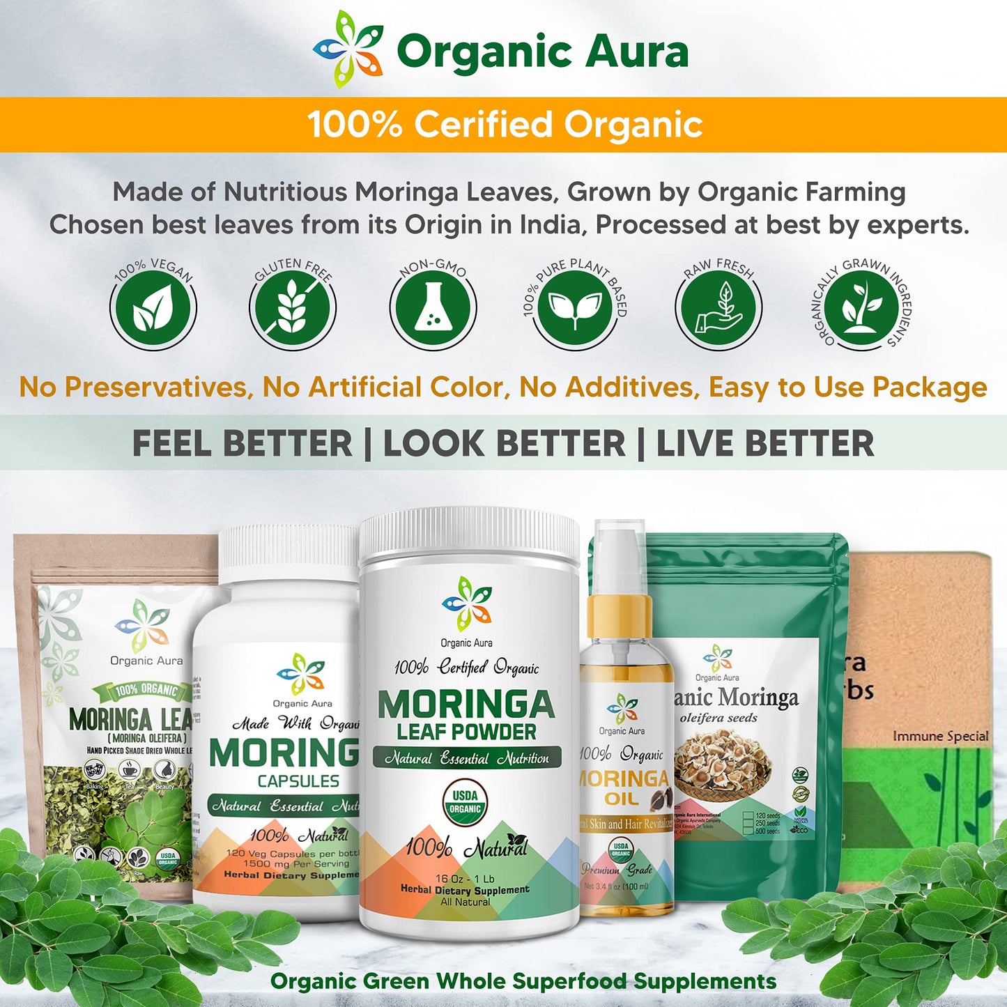 Organic Aura International Certified Organic Moringa Leaf Powder 8 oz