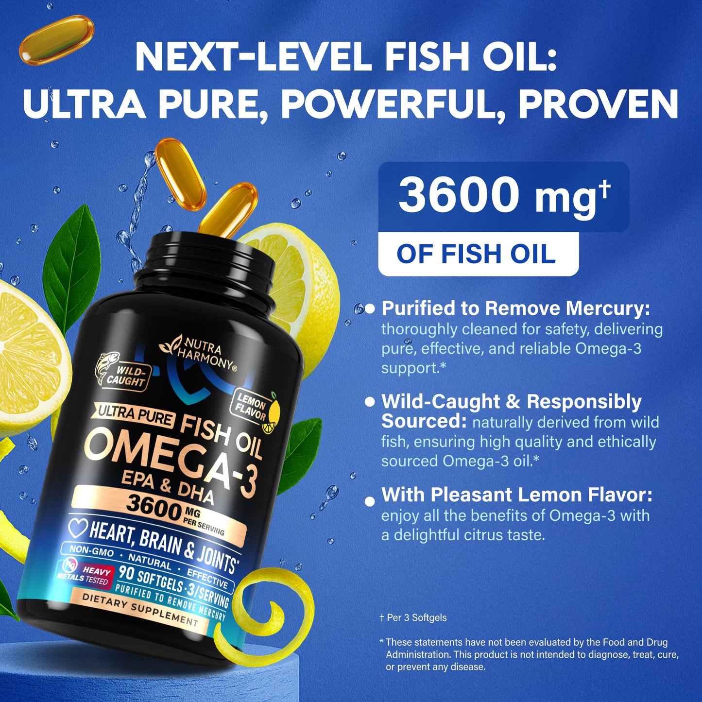 NUTRAHARMONY Omega 3 Fish Oil 3600 mg Omega-3 Supplement EPA & DHA Softgels, 90 Count