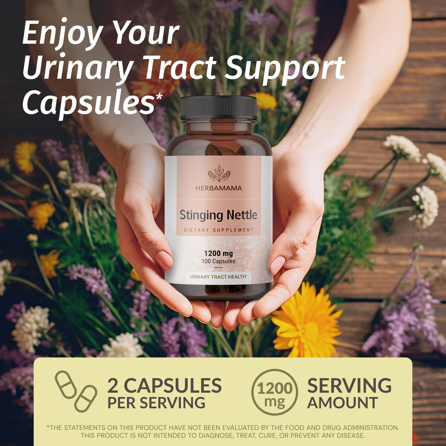 HERBAMAMA Stinging Nettle Capsules 1200mg Root Extract for Urinary Tract Support, Vegan, Non-GMO, 100 Count
