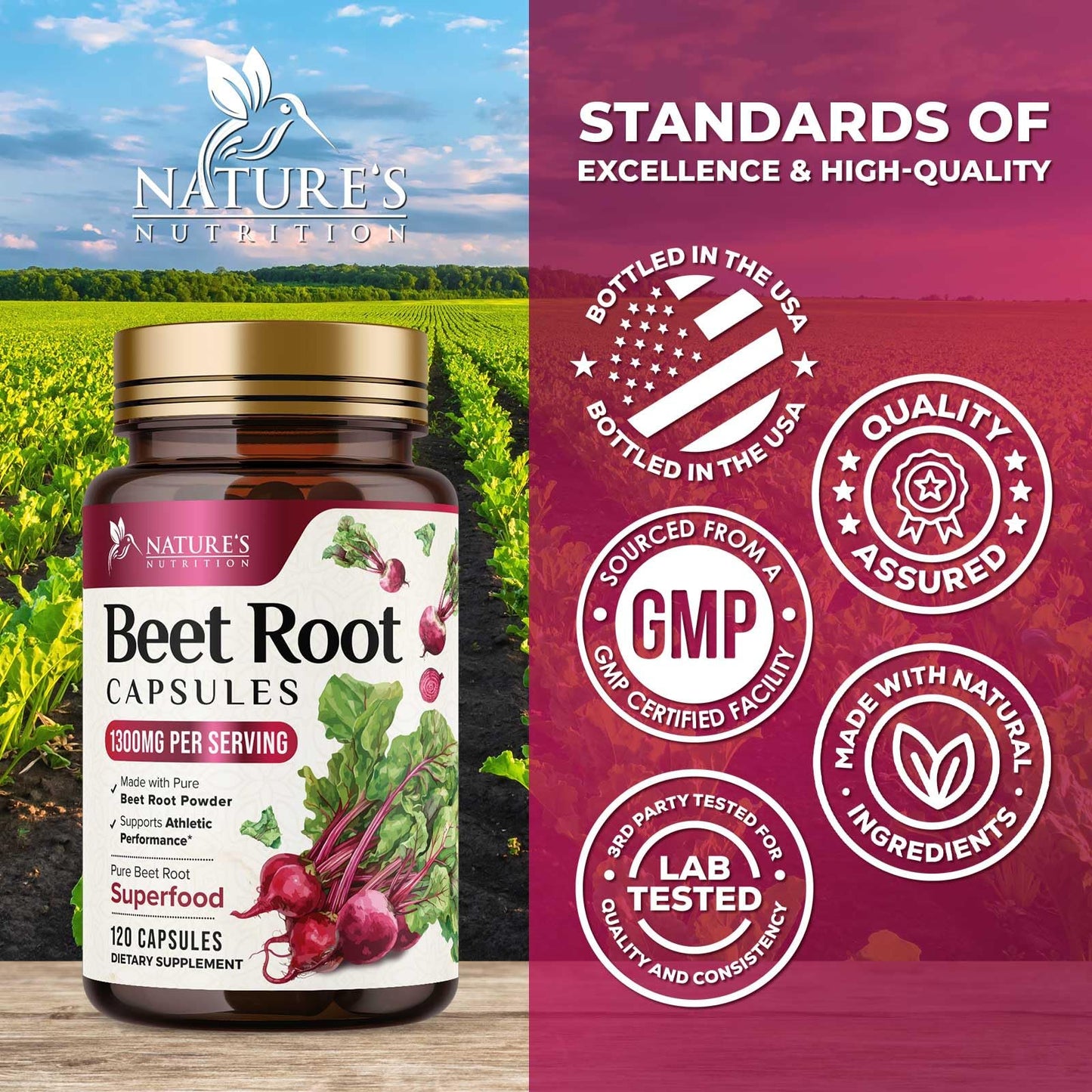 Nature's Nutrition Organic Beet Root 1300mg per Serving Extra Strength Beetroot Powder Supplement 120 Capsules