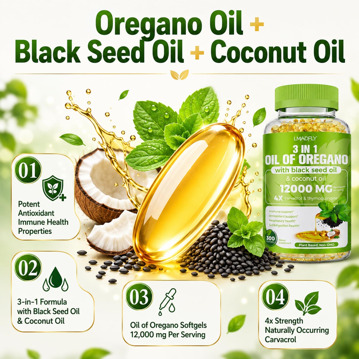 LMADFLY Oil of Oregano Softgels with Black Seed Oil & Coconut Oil, 3-in-1 Oregano Extract Supplement, Capsule, 300 Count