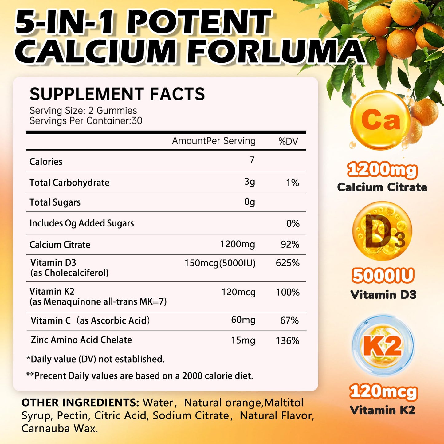 tsunshnes Calcium Citrate Gummies 1200mg with Vitamin D3, K2, Zinc and Vitamin C 5-in-1 Immune Support - Sugar Free, Non-GMO Chewable - Orange Flavor, 60 Count