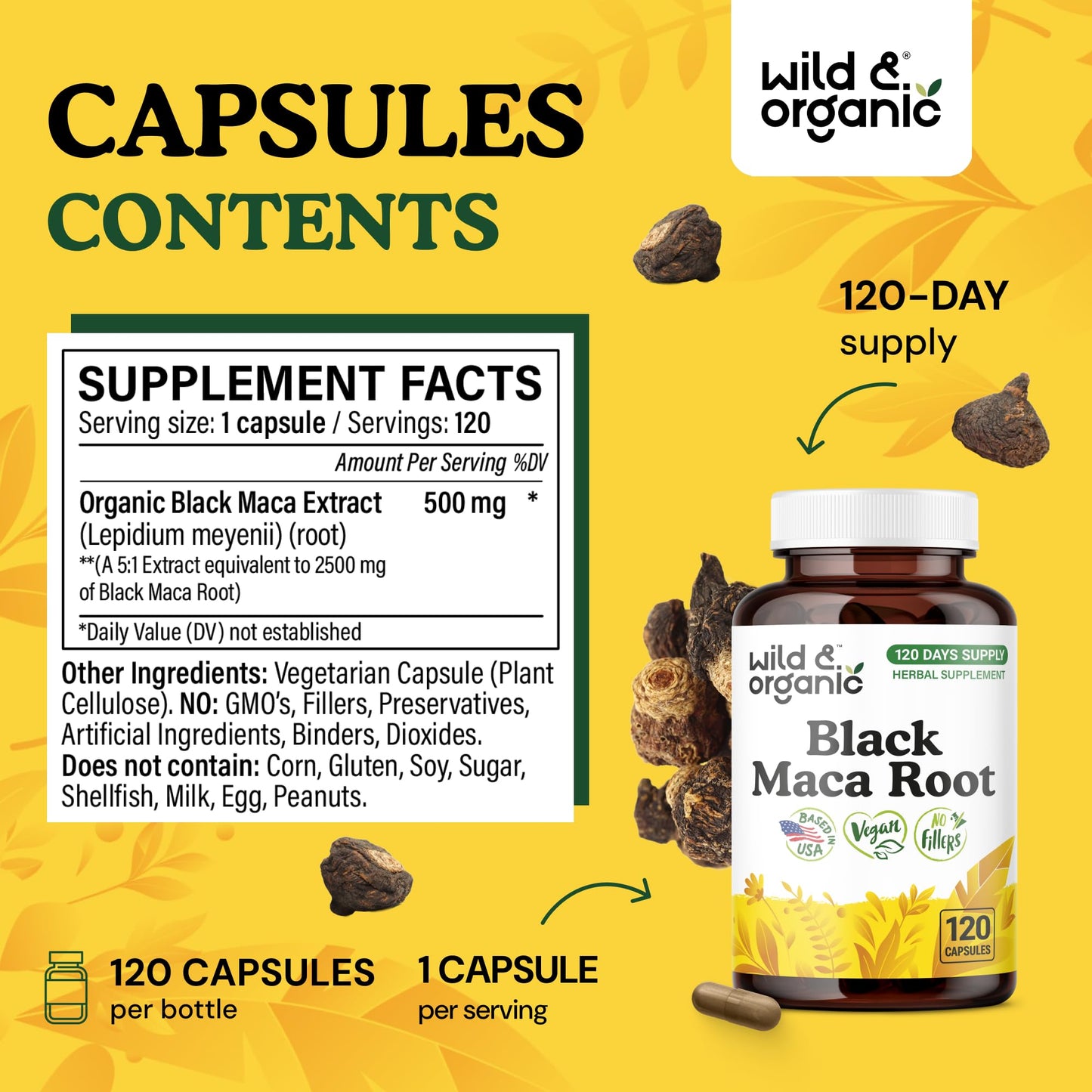 Wild & Organic Black Maca 500 mg Capsules, 120 Count