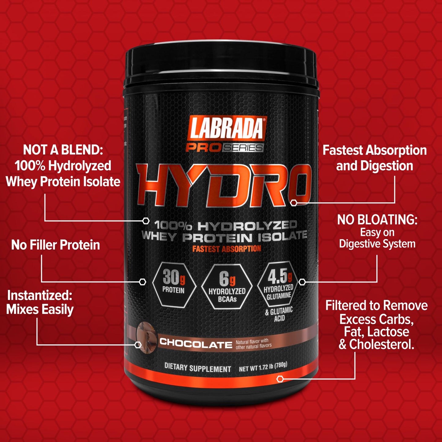 Labrada Hydro 100% Pure Hydrolyzed Whey Protein Isolate Powder, 20 Servings, Chocolate