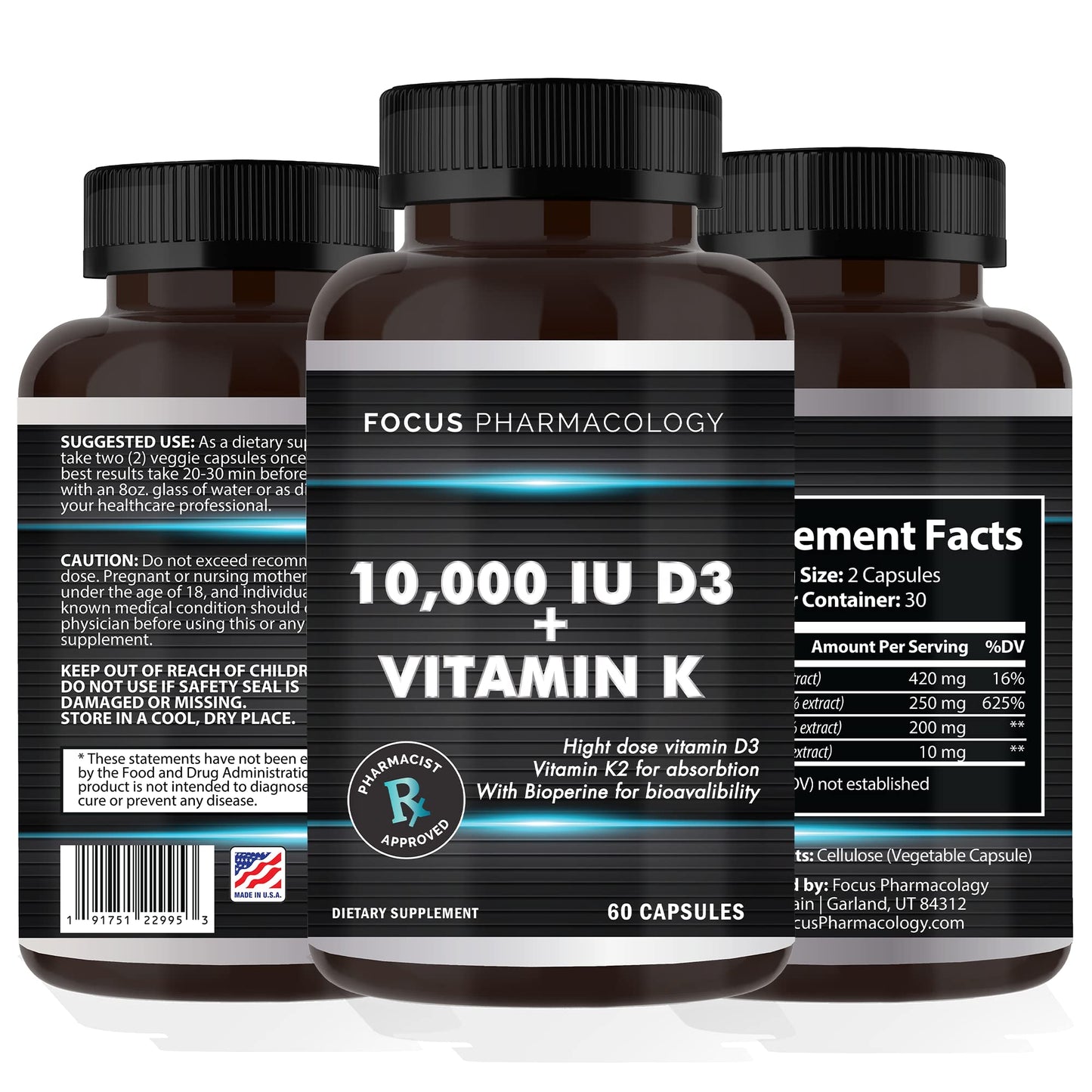 Focus Pharmacology Vitamin K2 with D3 Extra Strength 60 Capsules