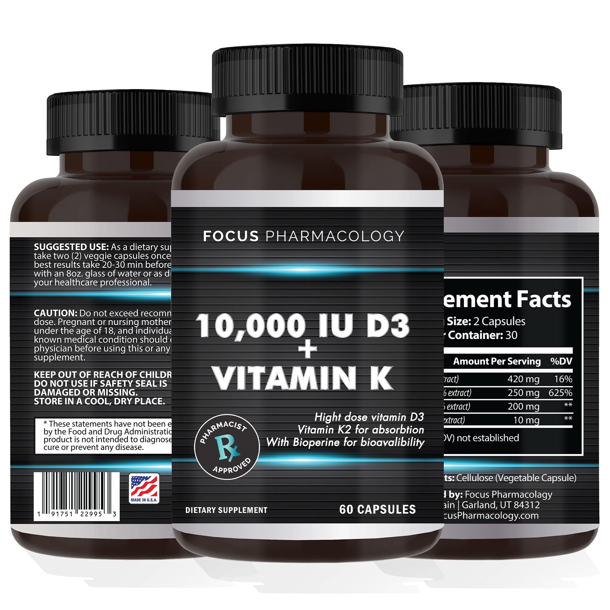 Focus Pharmacology Vitamin K2 with D3 Extra Strength 60 Capsules