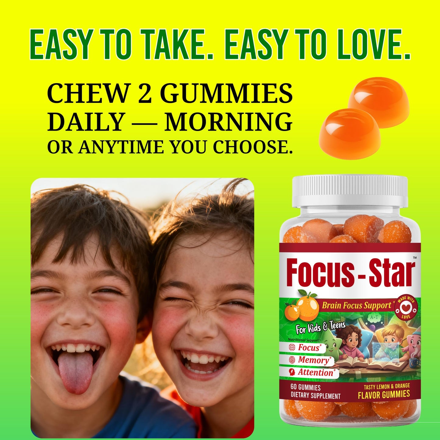 Generic Focus Star Kids Focus Gummies Omega-3 DHA Gummies for Kids, 60 Count